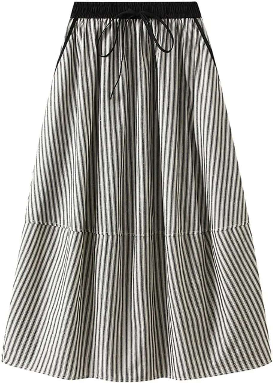 Women's Lantern Midi Skirt A-Line Striped High Waist Skirts Pleated Flowy Summer Beach Skirt