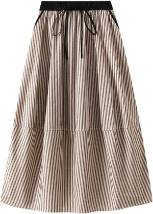 Women's Lantern Midi Skirt A-Line Striped High Waist Skirts Pleated Flowy Summer Beach Skirt