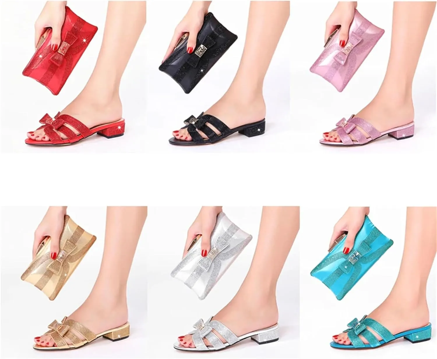 Women's Luxury Shoes Bag Set Crystal Wallet Plus Size Bow Flat Heel Sandals Italian Design Dinner Slippers Clutch Bag
