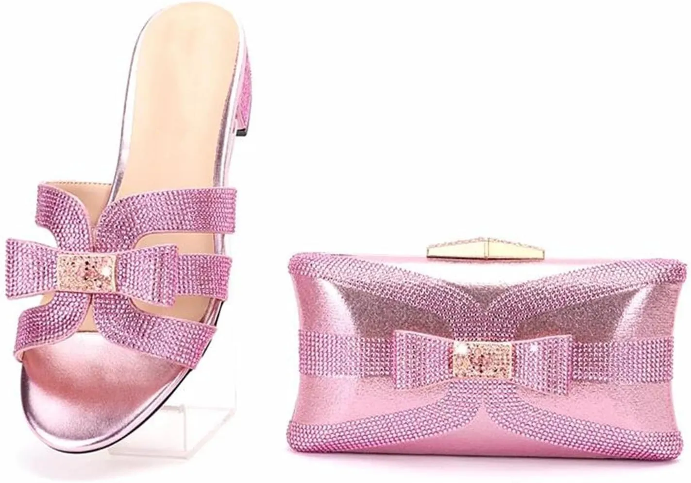 Women's Luxury Shoes Bag Set Crystal Wallet Plus Size Bow Flat Heel Sandals Italian Design Dinner Slippers Clutch Bag
