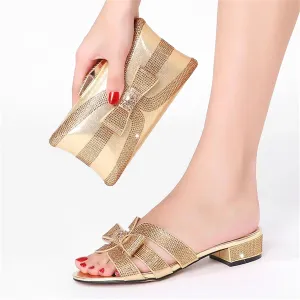 Women's Luxury Shoes Bag Set Crystal Wallet Plus Size Bow Flat Heel Sandals Italian Design Dinner Slippers Clutch Bag