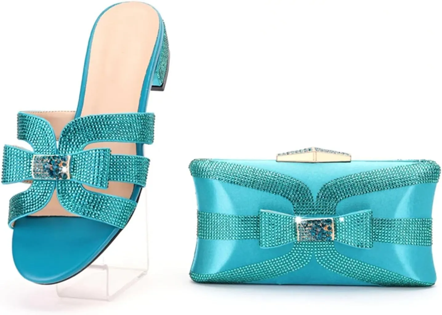 Women's Luxury Shoes Bag Set Crystal Wallet Plus Size Bow Flat Heel Sandals Italian Design Dinner Slippers Clutch Bag