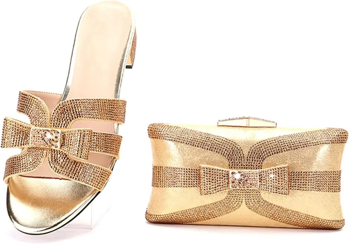 Women's Luxury Shoes Bag Set Crystal Wallet Plus Size Bow Flat Heel Sandals Italian Design Dinner Slippers Clutch Bag