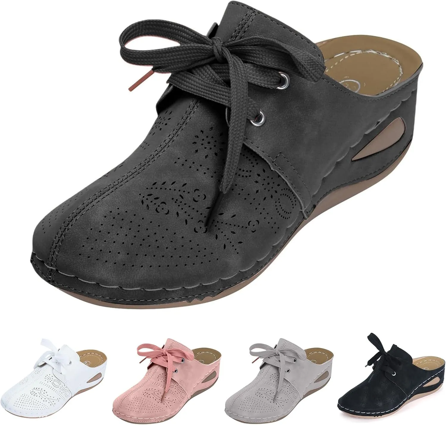 Women's Mules & Clogs Comfortable Arch Support Closed Toe Sandals Lace Up Backless Low Wedges Slip on Shoes Hollow Out Breathable Platform Sandals Slippers