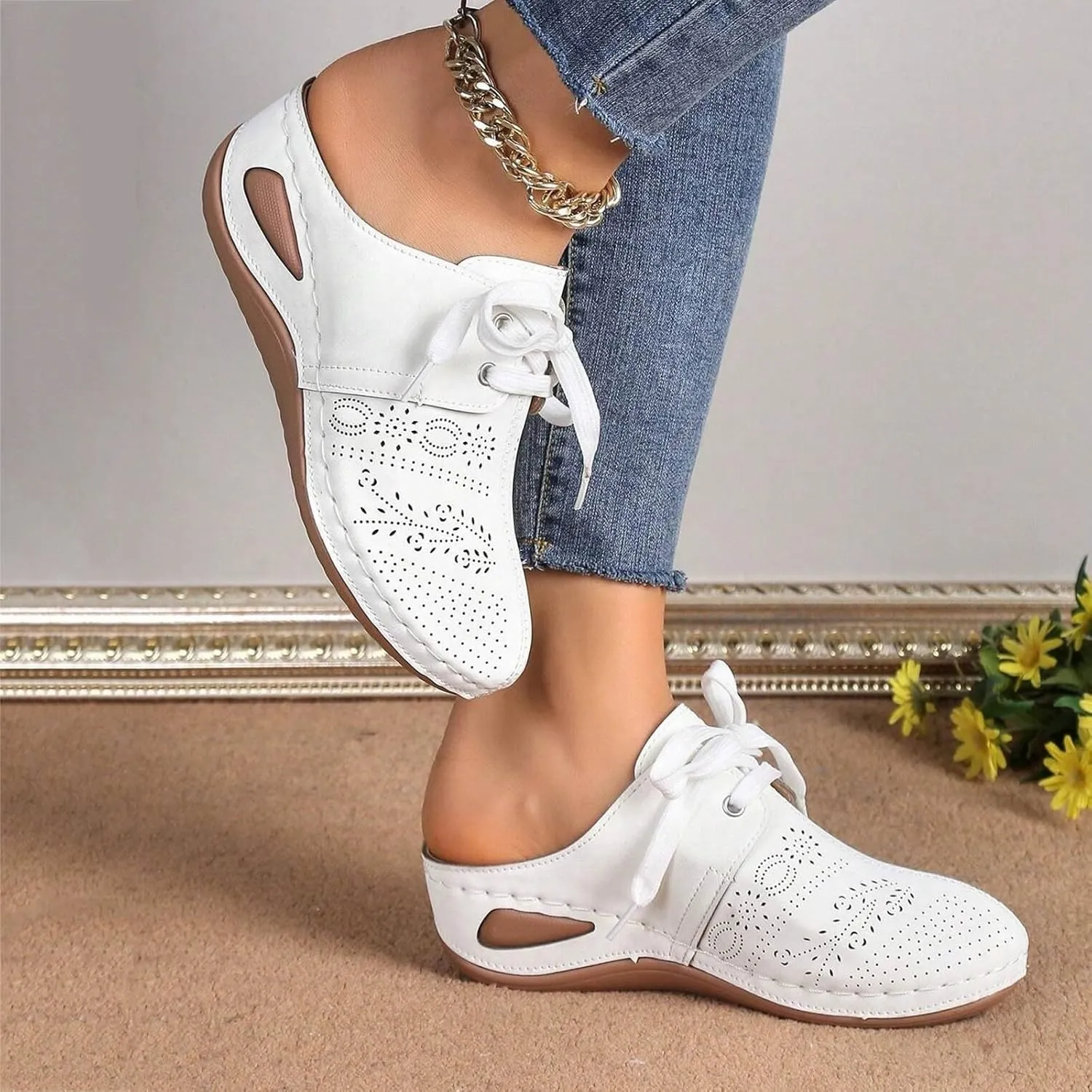 Women's Mules & Clogs Comfortable Arch Support Closed Toe Sandals Lace Up Backless Low Wedges Slip on Shoes Hollow Out Breathable Platform Sandals Slippers