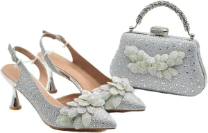 Women's Nigerian Full-Rhinestone Bridal Set - Pointed Toe High Heels & Clutch Bag
