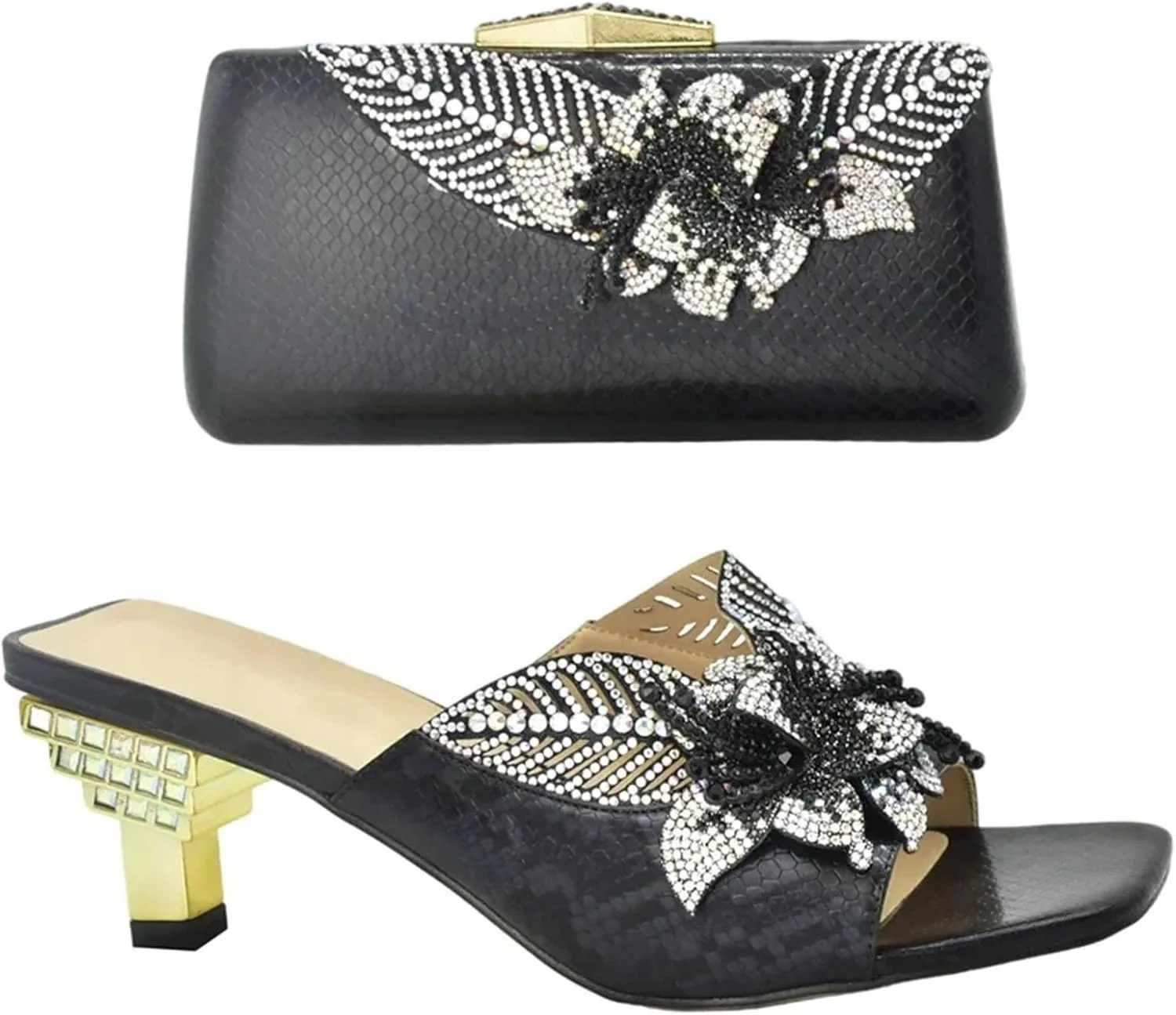 Women's Nigerian-Italian Monochrome Set - Matte Black Leather Pumps & Structured Minimalist Clutch for Sophisticated Weddings