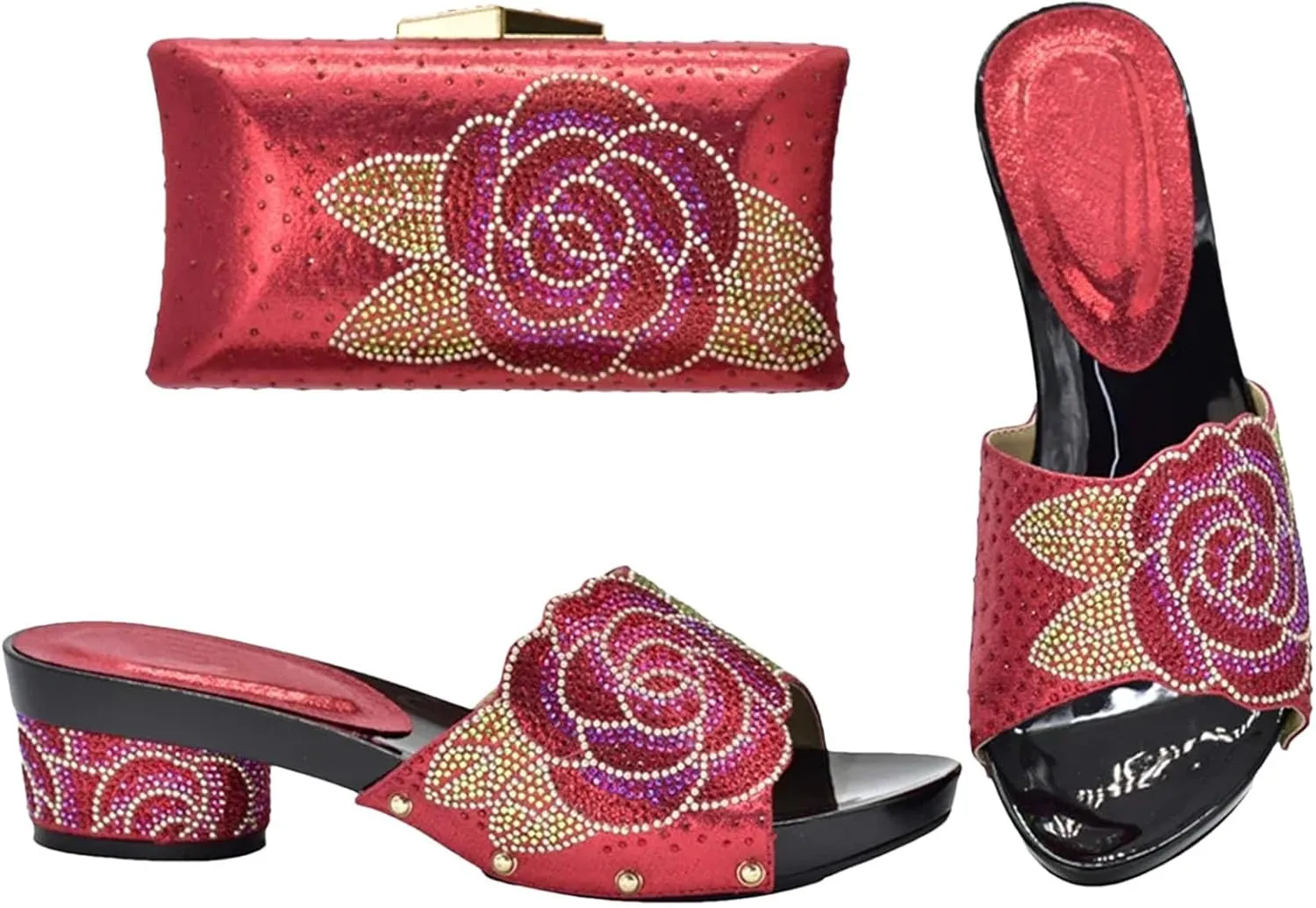 Women's Nigerian-Italian Wedding Set - Slip-On Rhinestone Pumps & Clutch for Nigerian Bridal Celebrations