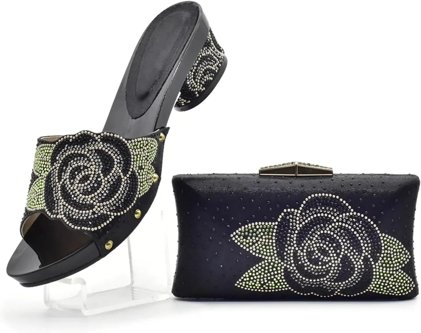 Women's Nigerian-Italian Wedding Set - Slip-On Rhinestone Pumps & Clutch for Nigerian Bridal Celebrations