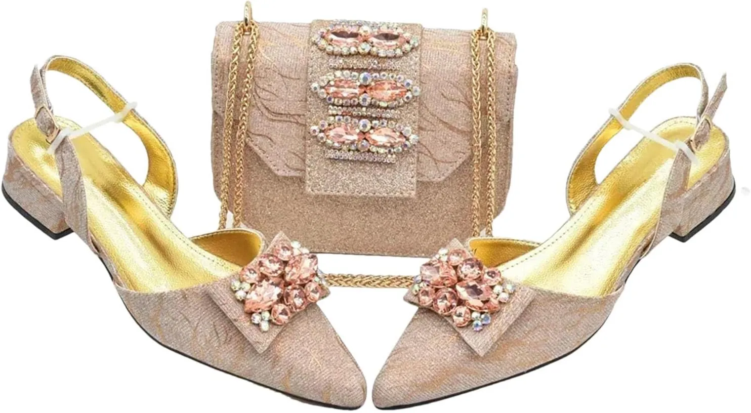 Women's Nigerian Party Shoe & Bag Set - Full Rhinestone Low Heel Pumps & Luxury Matching Clutch for Nigerian Weddings
