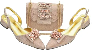 Women's Nigerian Party Shoe & Bag Set - Full Rhinestone Low Heel Pumps & Luxury Matching Clutch for Nigerian Weddings
