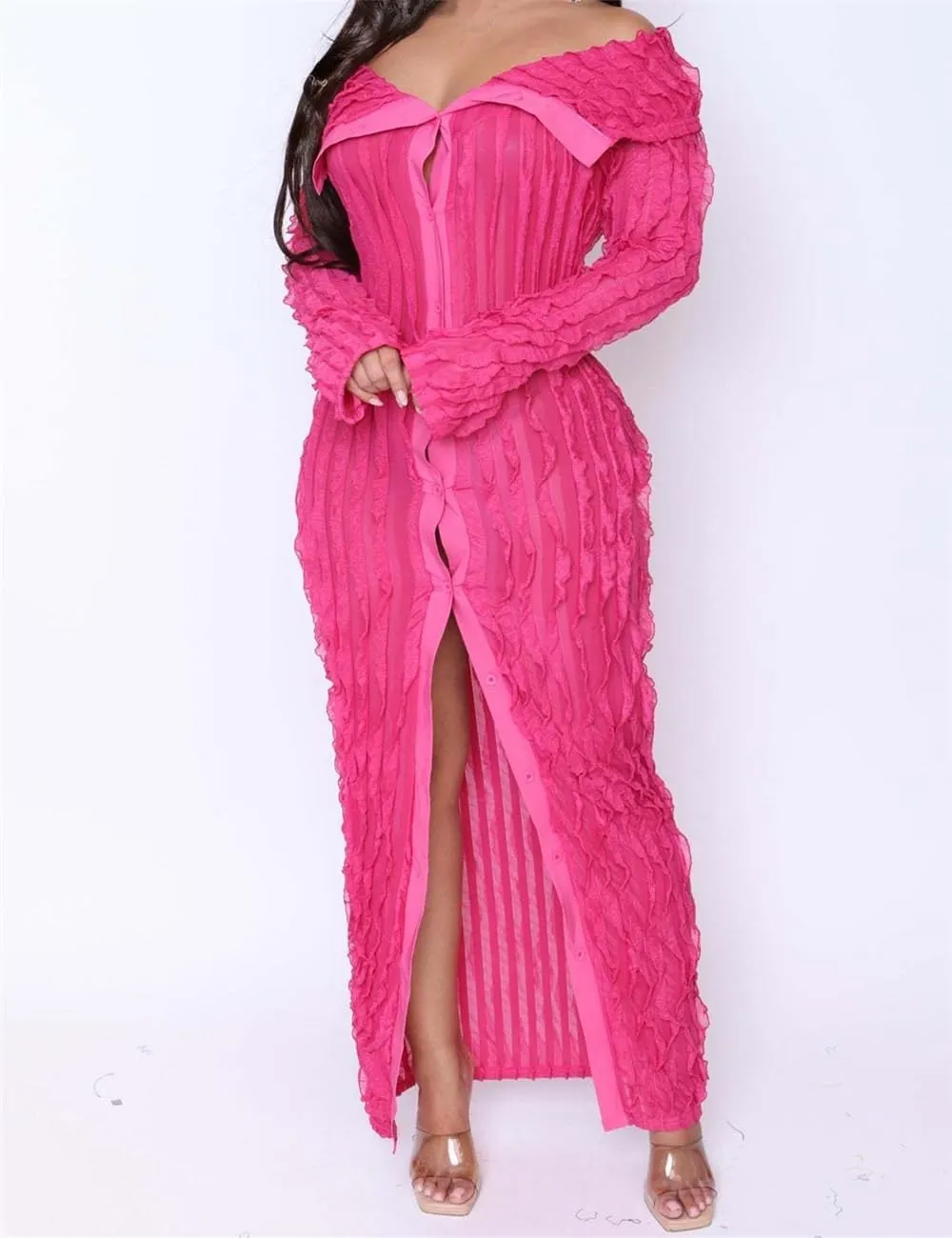 Women's Off Shoulder Button Down Ruched Bodycon Maxi Club Party Dress