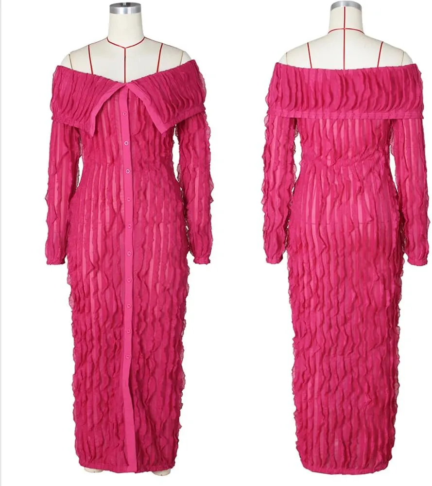 Women's Off Shoulder Button Down Ruched Bodycon Maxi Club Party Dress