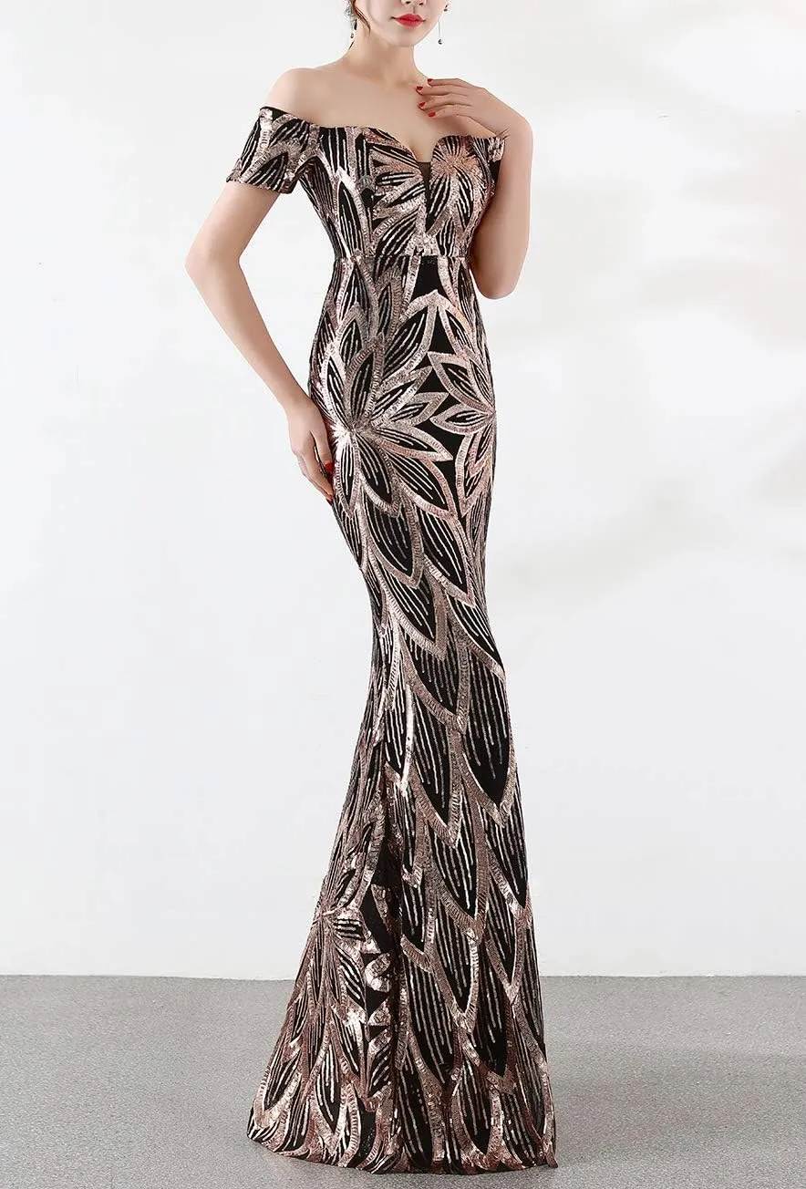 Women's Off-Shoulder Sequins Sweep-Train Mermaid Evening Dress