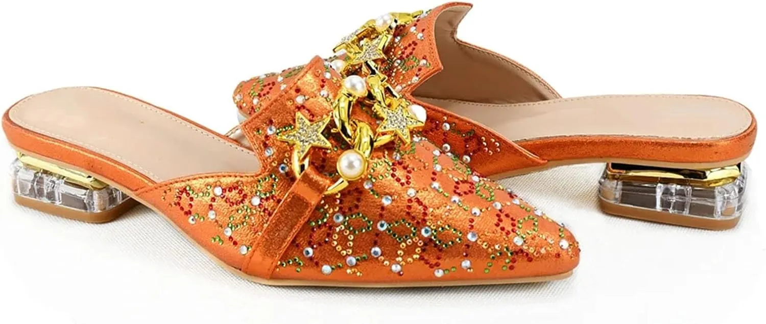 Women's Orange Crystal Italian Low Heel Set - Sweet Comfortable Wedding Attire