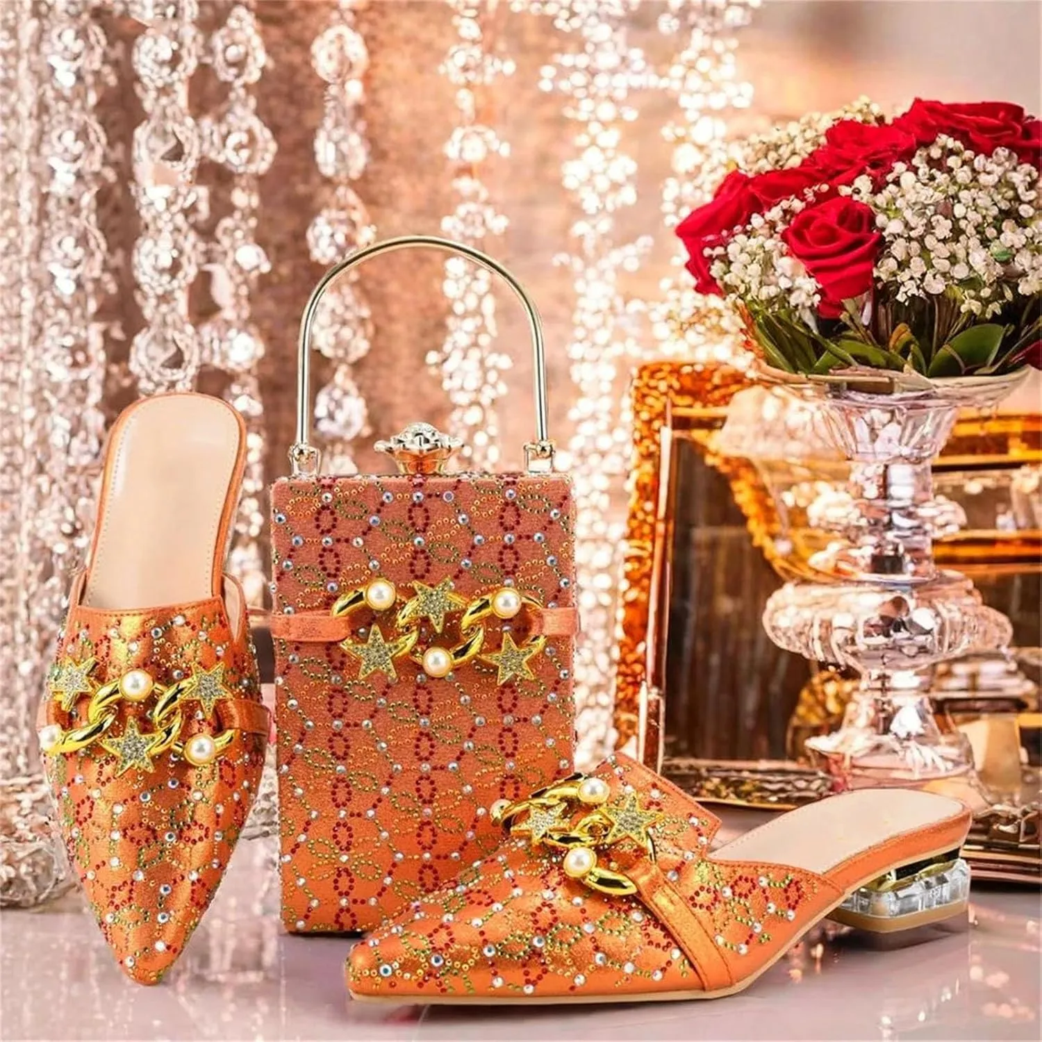 Women's Orange Crystal Italian Low Heel Set - Sweet Comfortable Wedding Attire