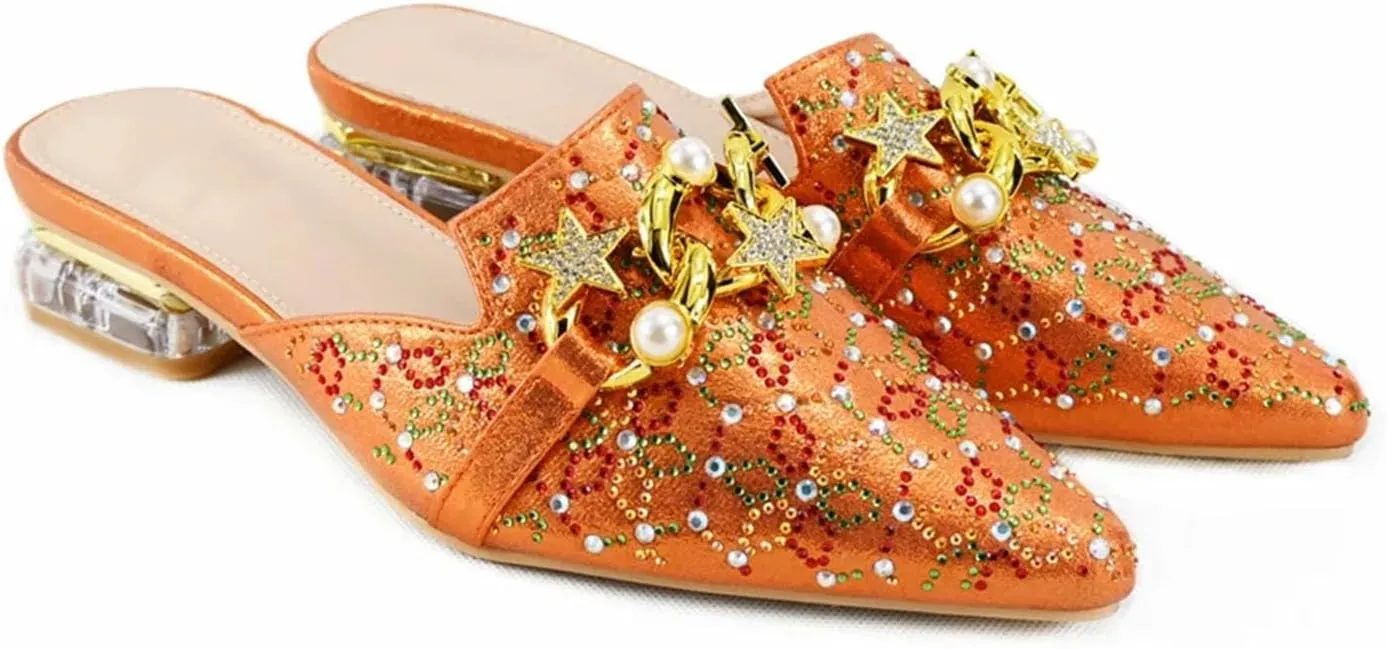 Women's Orange Crystal Italian Low Heel Set - Sweet Comfortable Wedding Attire