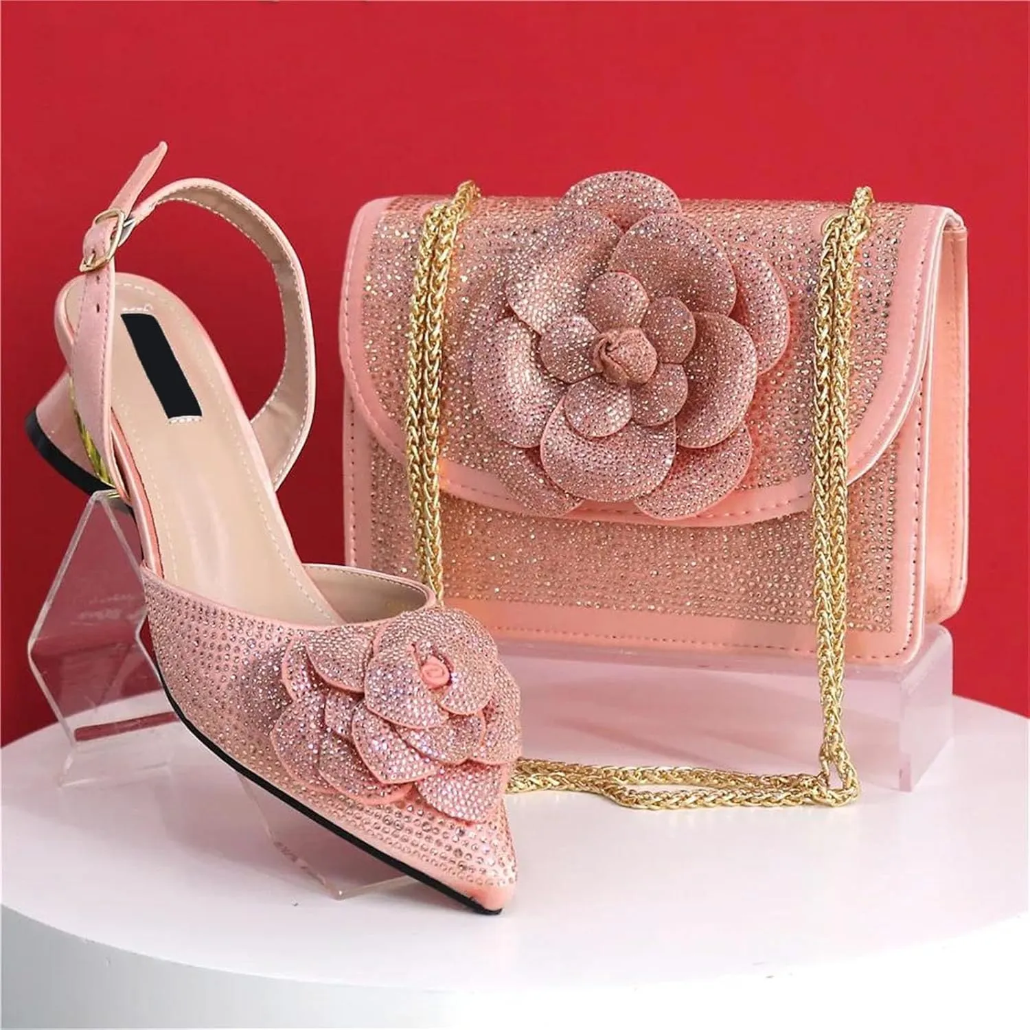 Women's Peach Knot Bridal Set - Pearl-Embellished Pumps & Durable Clutch for Nigerian Wedding Receptions