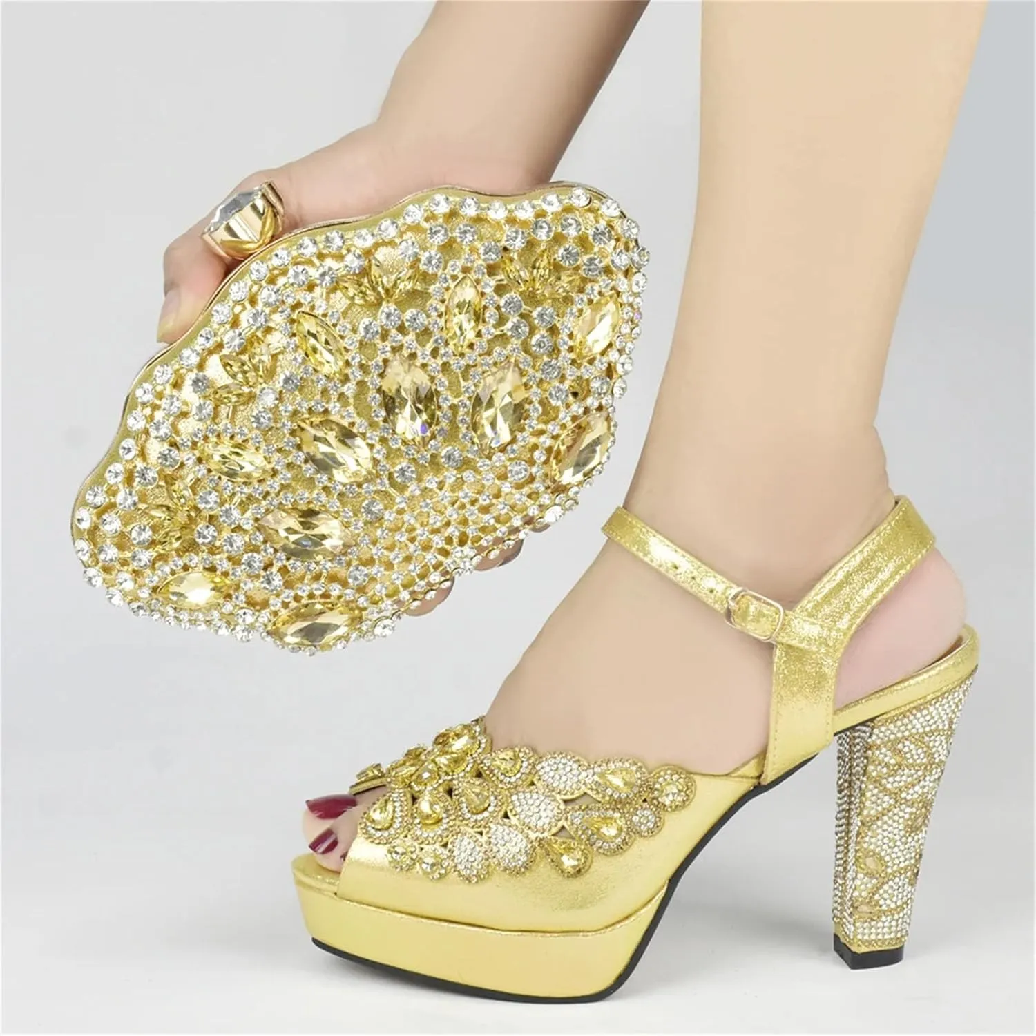 Women's Plus Size African-Italian Bridal Set - Rhinestone Party Pumps & Clutch for Nigerian Womens Wedding Celebrations