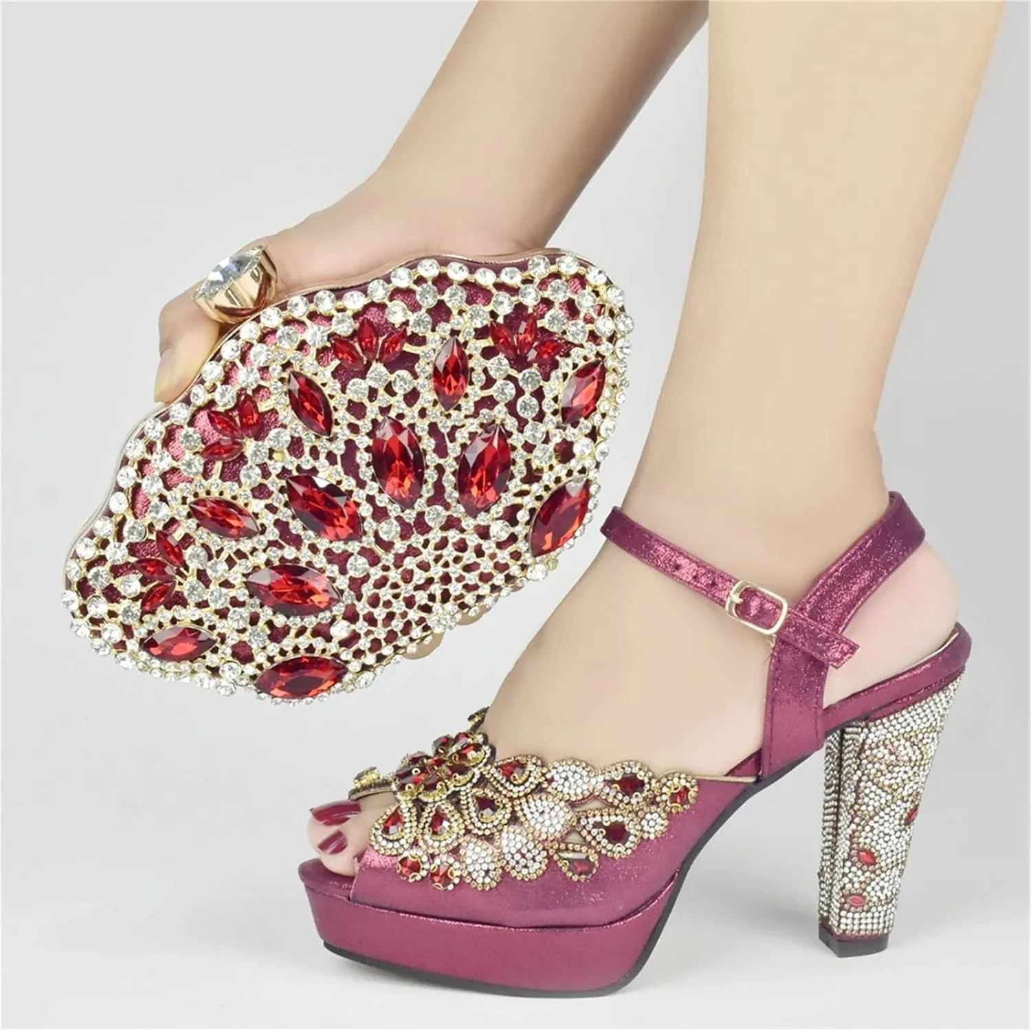 Women's Plus Size African-Italian Bridal Set - Rhinestone Party Pumps & Clutch for Nigerian Womens Wedding Celebrations