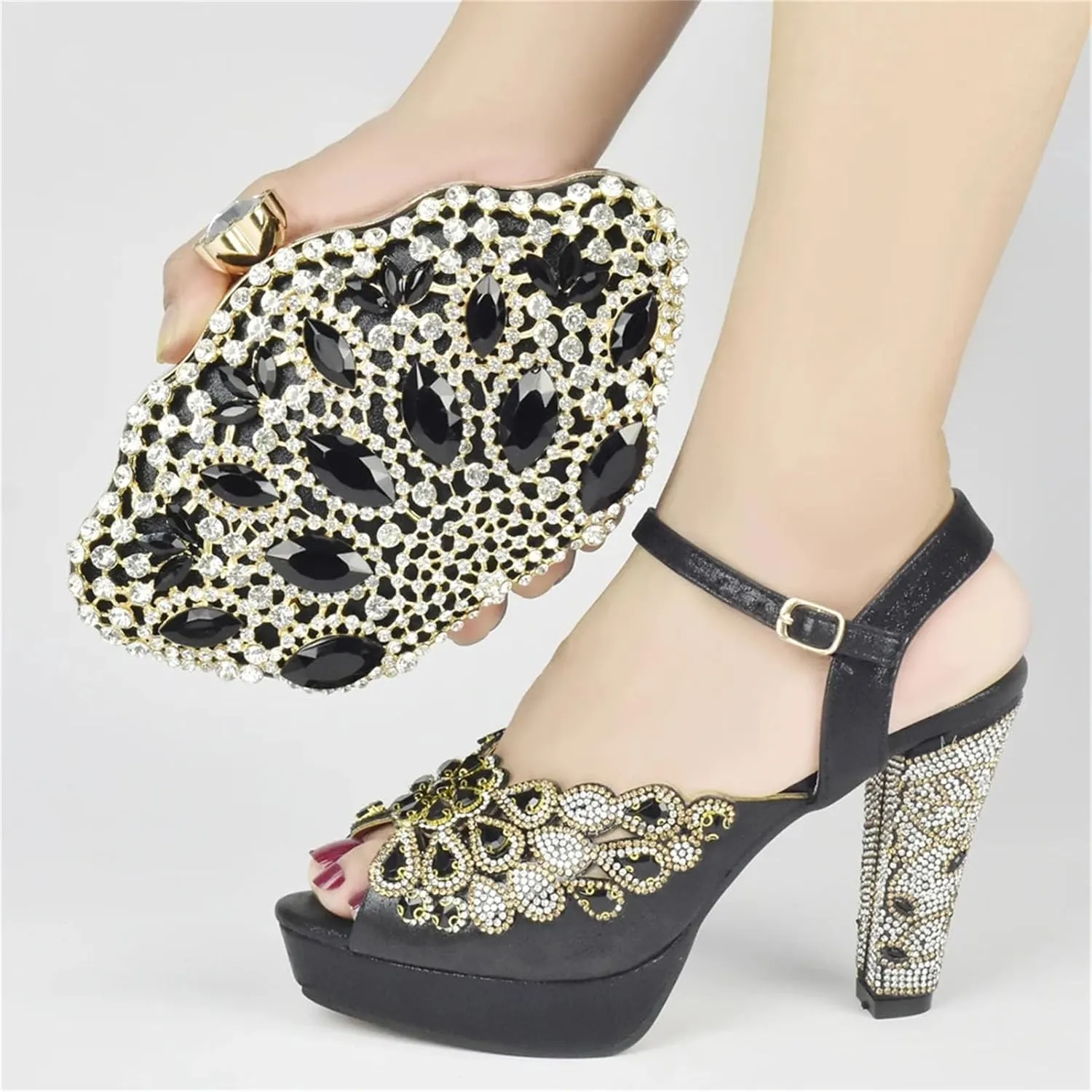 Women's Plus Size African-Italian Bridal Set - Rhinestone Party Pumps & Clutch for Nigerian Womens Wedding Celebrations