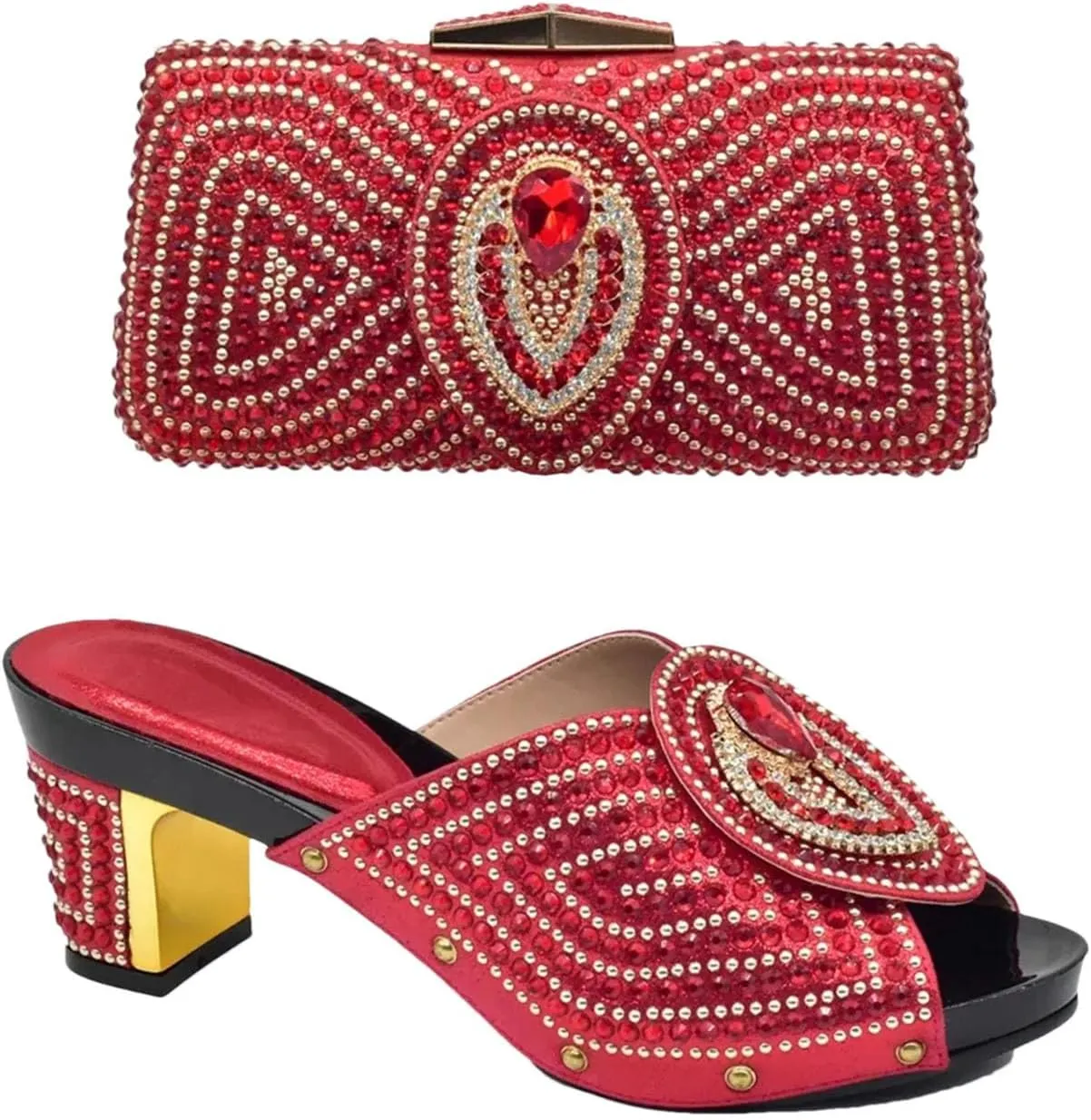 Women's Plus Size Italian Shoe & Bag Set - Rhinestone Pumps & Clutch for African Women's Weddings
