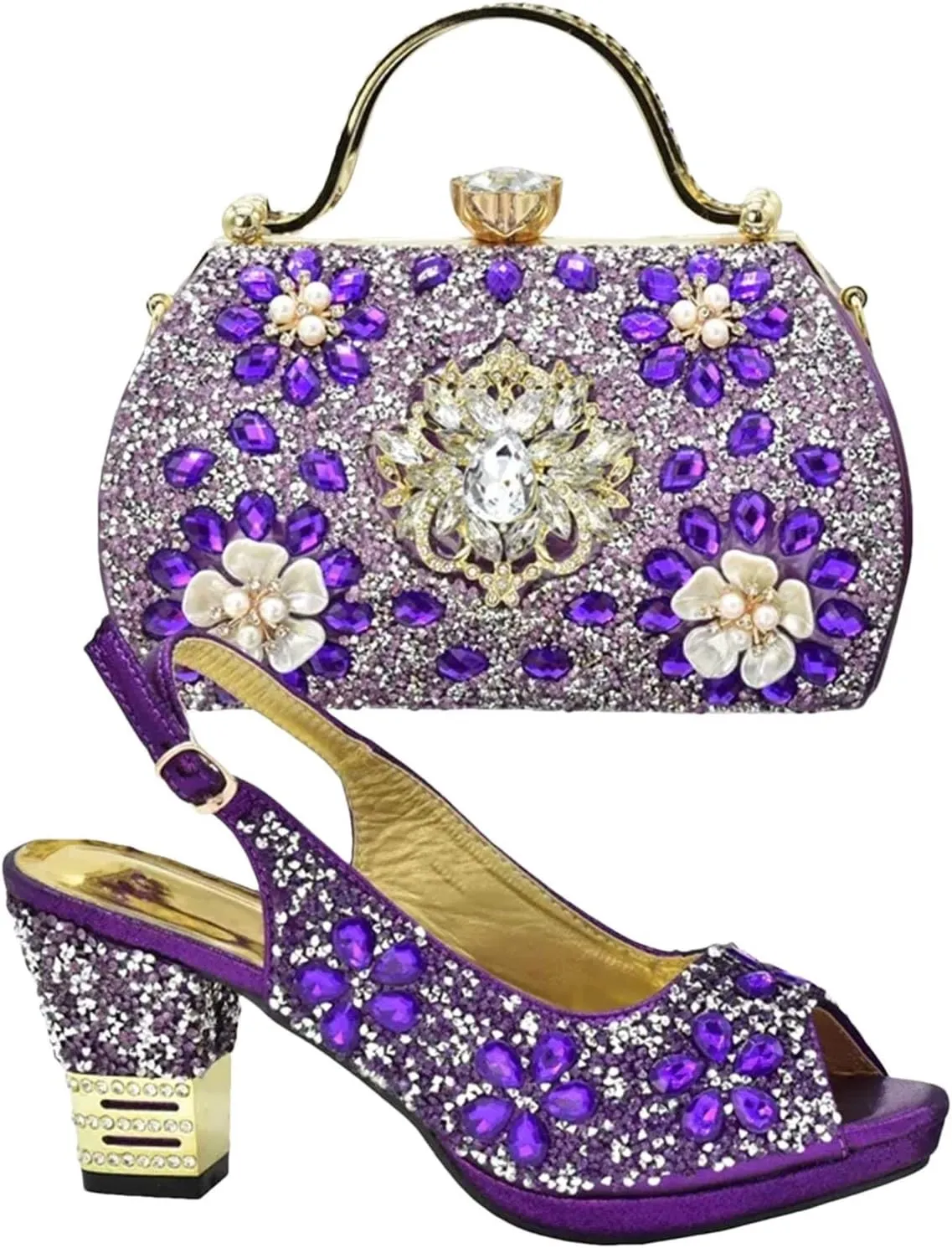 Women's Purple Italian Bridal Set - Rhinestone Wedding Shoes & Matching Evening Bag
