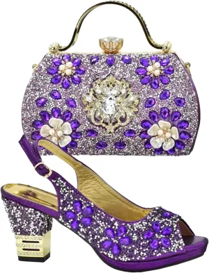 Women's Purple Italian Bridal Set - Rhinestone Wedding Shoes & Matching Evening Bag