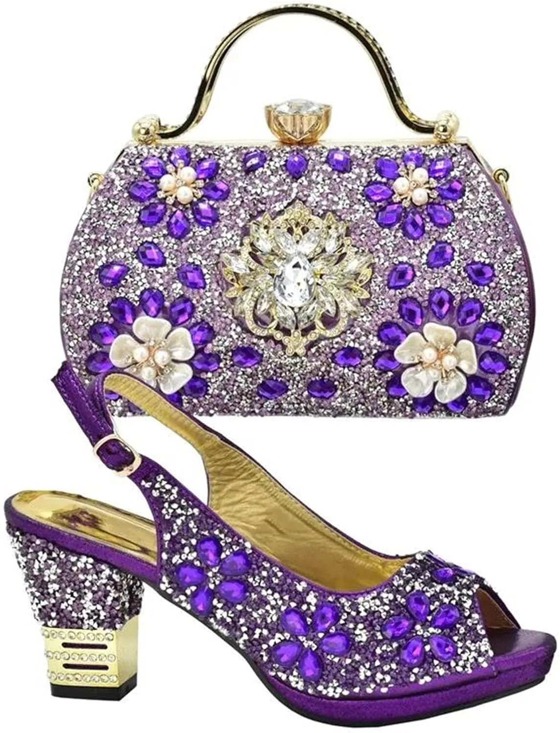 Women's Purple Italian Bridal Set - Rhinestone Wedding Shoes & Matching Evening Bag