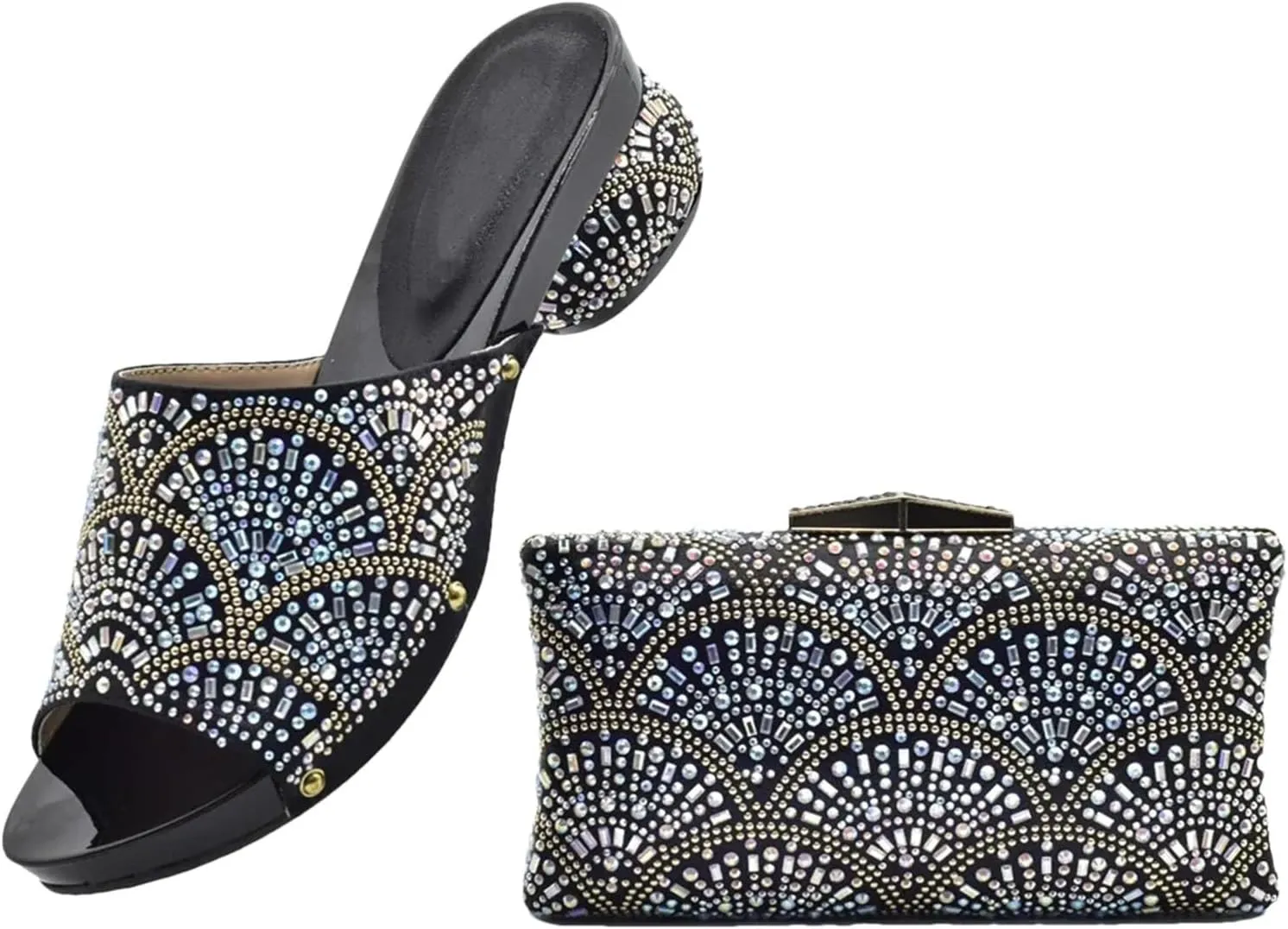 Women's Round Toe African Shoe & Bag Set - Rhinestone Pumps & Clutch for Nigerian Weddings and Parties