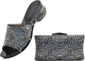 Women's Round Toe African Shoe & Bag Set - Rhinestone Pumps & Clutch for Nigerian Weddings and Parties