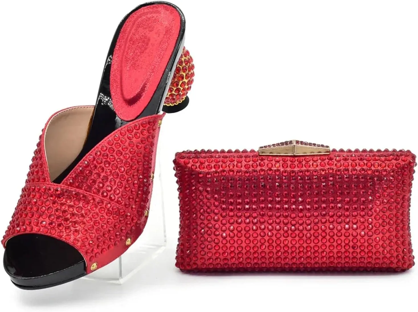 Women's Royal African Wedding Shoe & Bag Set - Handcrafted Crystal-Embellished Pumps with Gold-Tone Clutch for Grand Celebrations