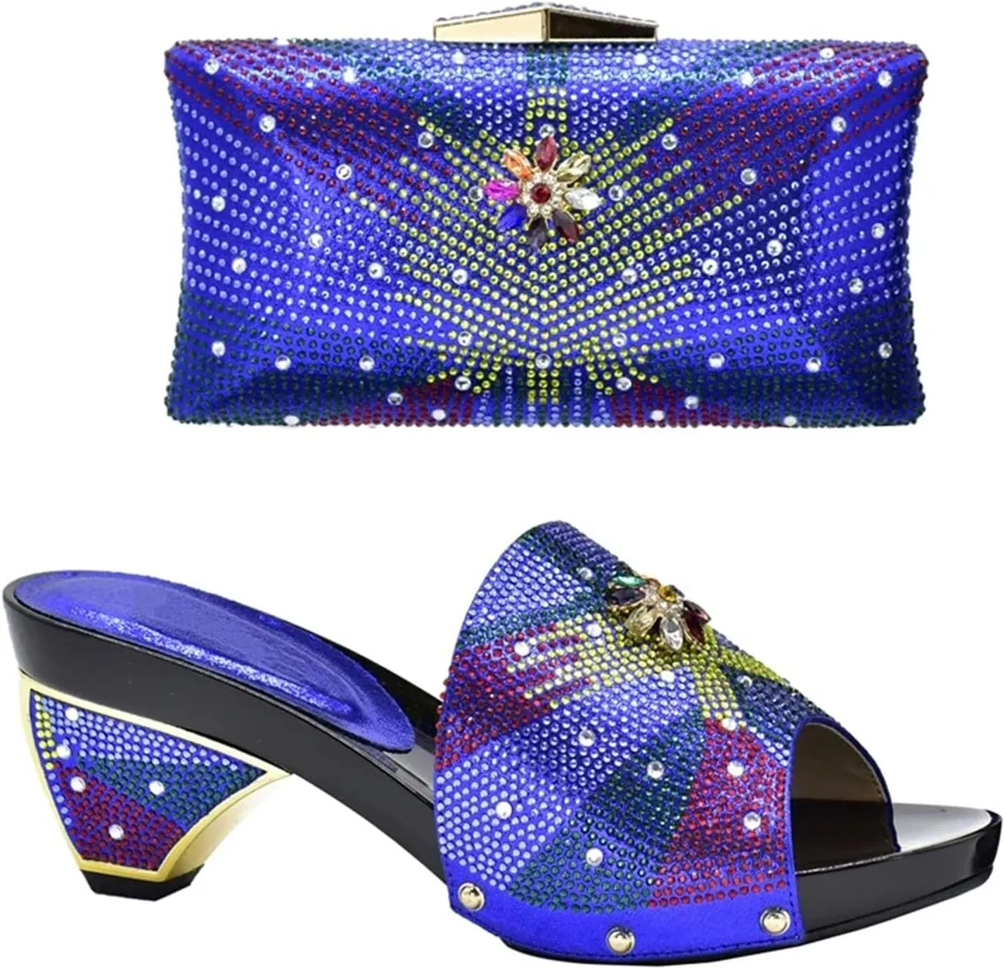 Women's Royal Blue African-Italian Set - Matching Pumps & Clutch for Nigerian Weddings and Evening Events