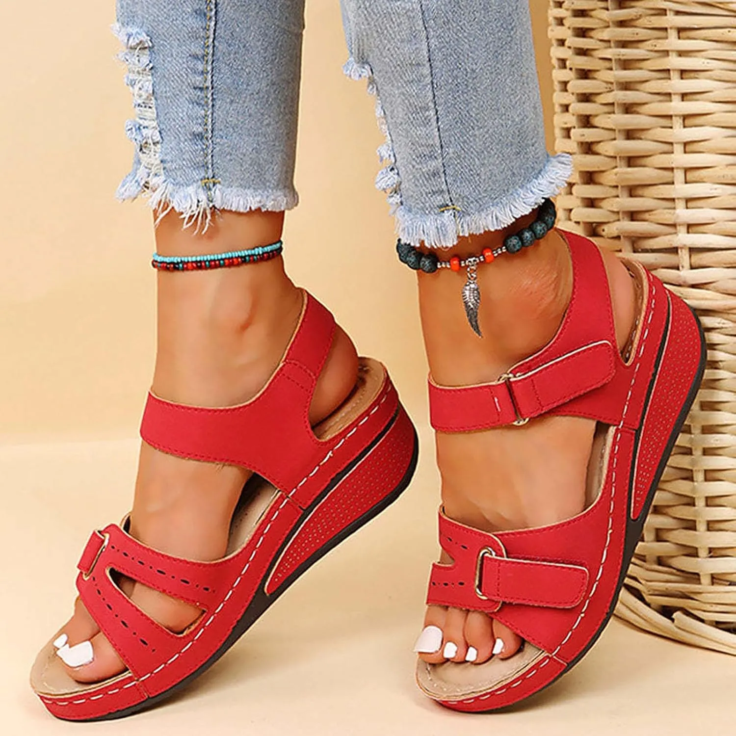 Women's Sandals Summer Casual Platform Wedge Open Toe Sandals Orthotic Arch Support Hook and Loop Sandals