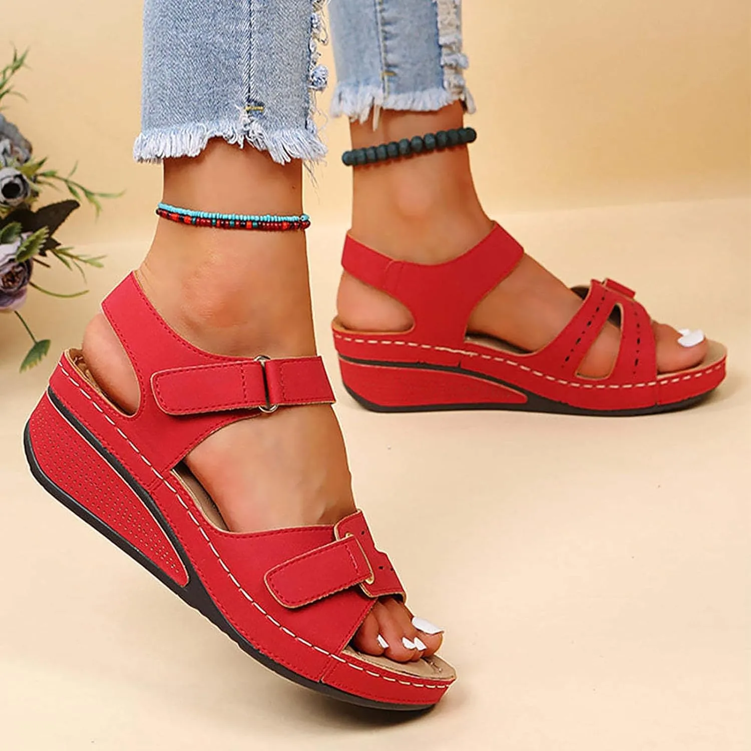 Women's Sandals Summer Casual Platform Wedge Open Toe Sandals Orthotic Arch Support Hook and Loop Sandals