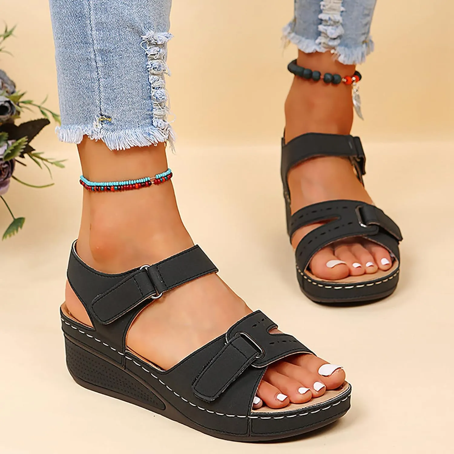 Women's Sandals Summer Casual Platform Wedge Open Toe Sandals Orthotic Arch Support Hook and Loop Sandals