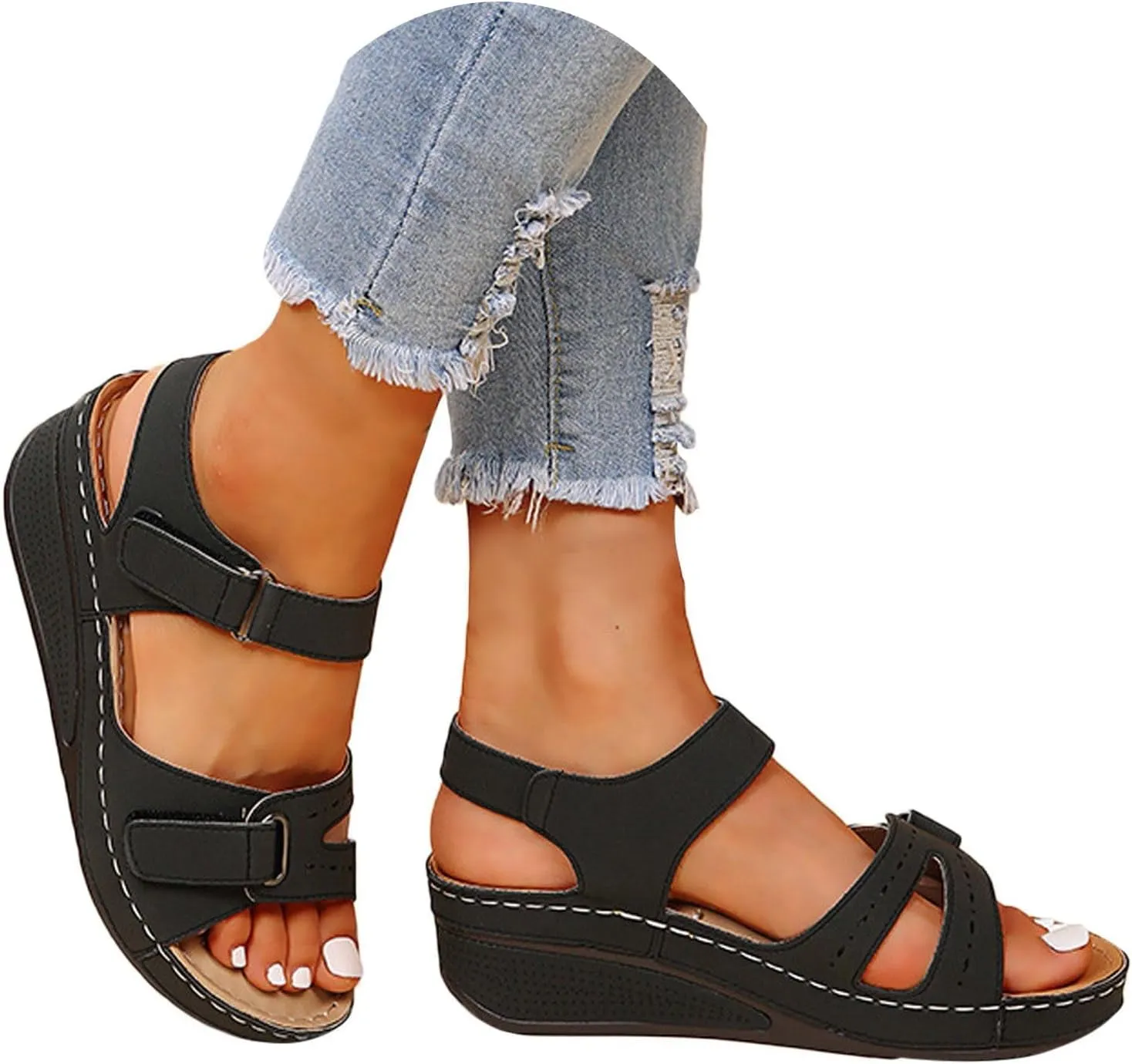 Women's Sandals Summer Casual Platform Wedge Open Toe Sandals Orthotic Arch Support Hook and Loop Sandals