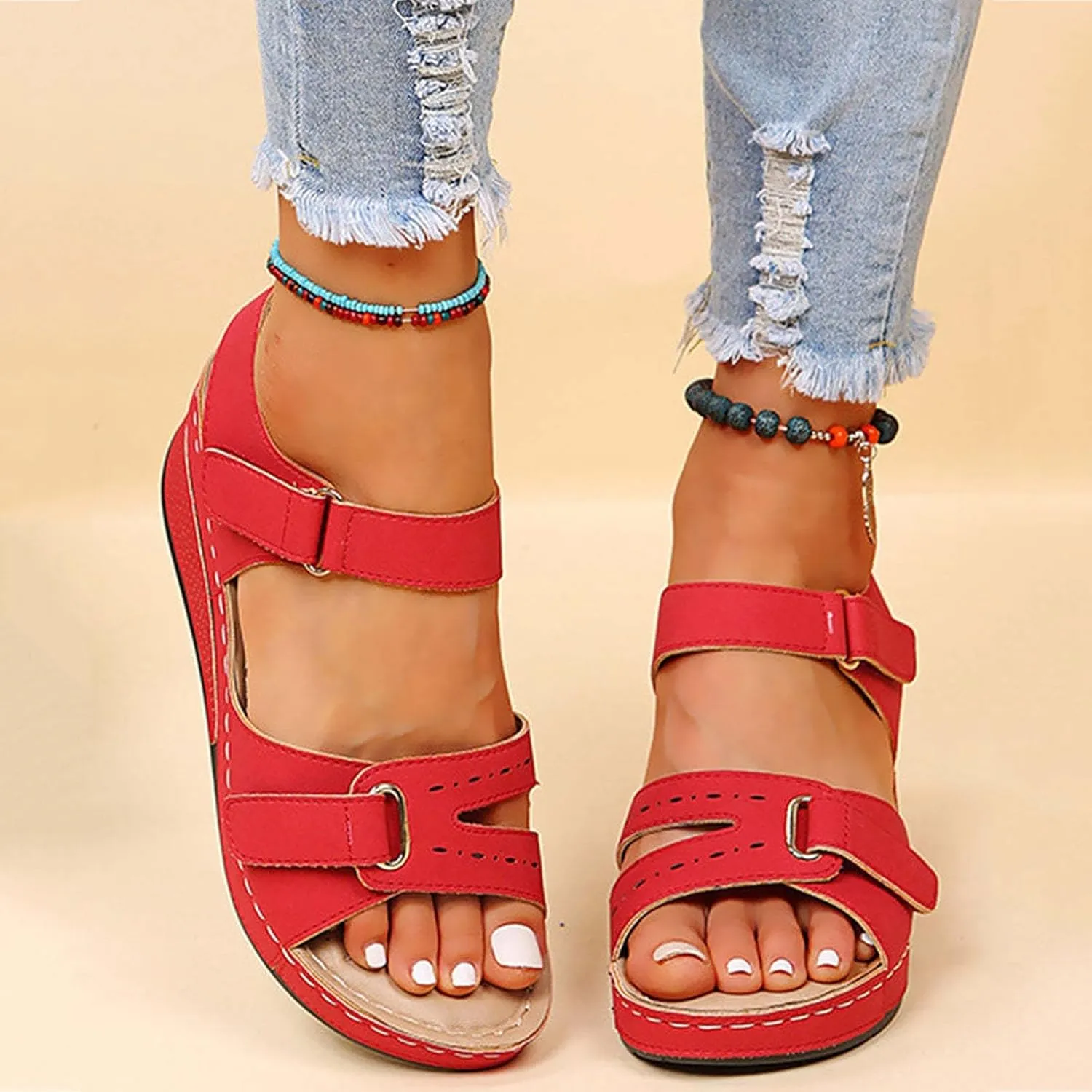 Women's Sandals Summer Casual Platform Wedge Open Toe Sandals Orthotic Arch Support Hook and Loop Sandals