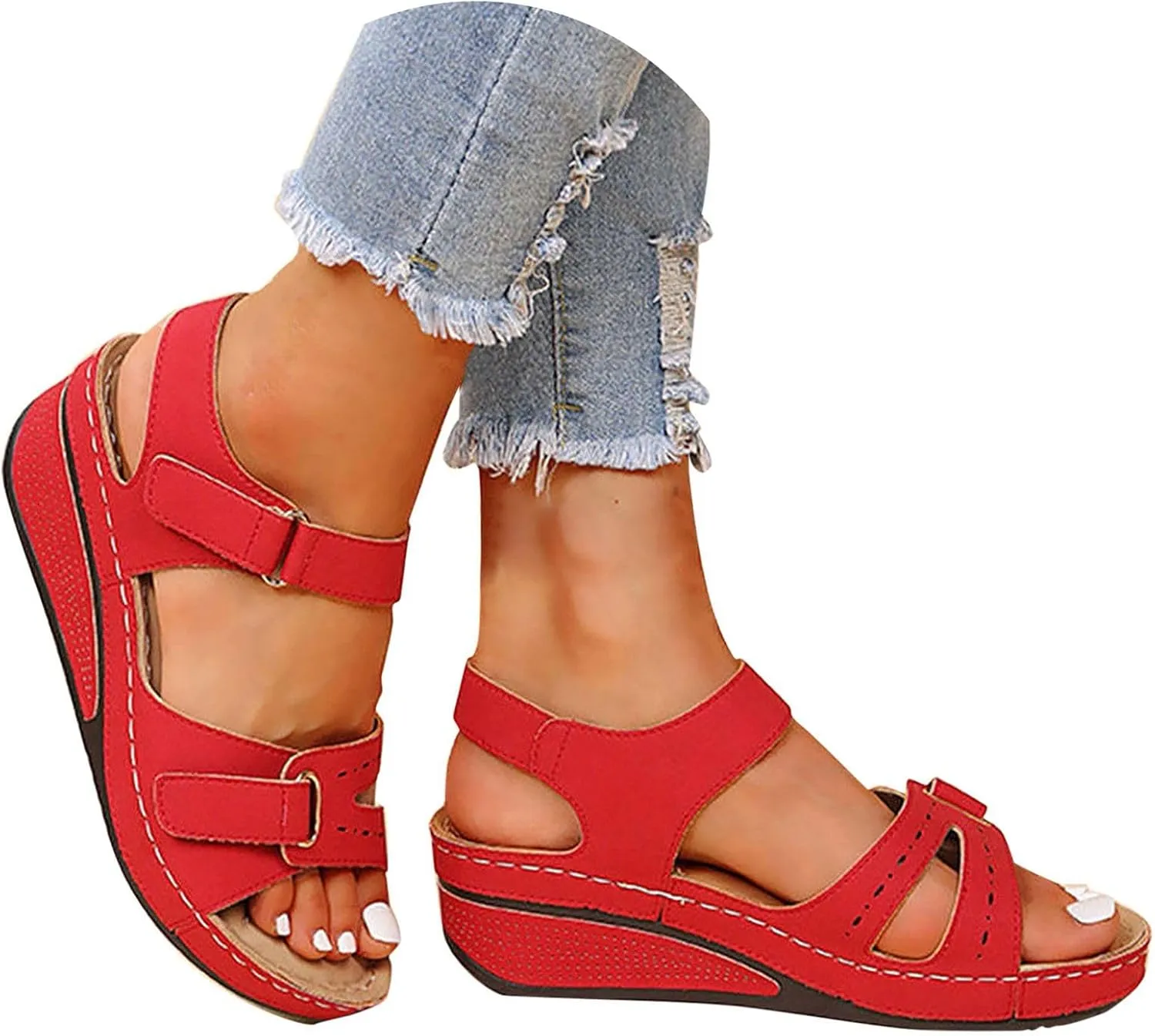 Women's Sandals Summer Casual Platform Wedge Open Toe Sandals Orthotic Arch Support Hook and Loop Sandals