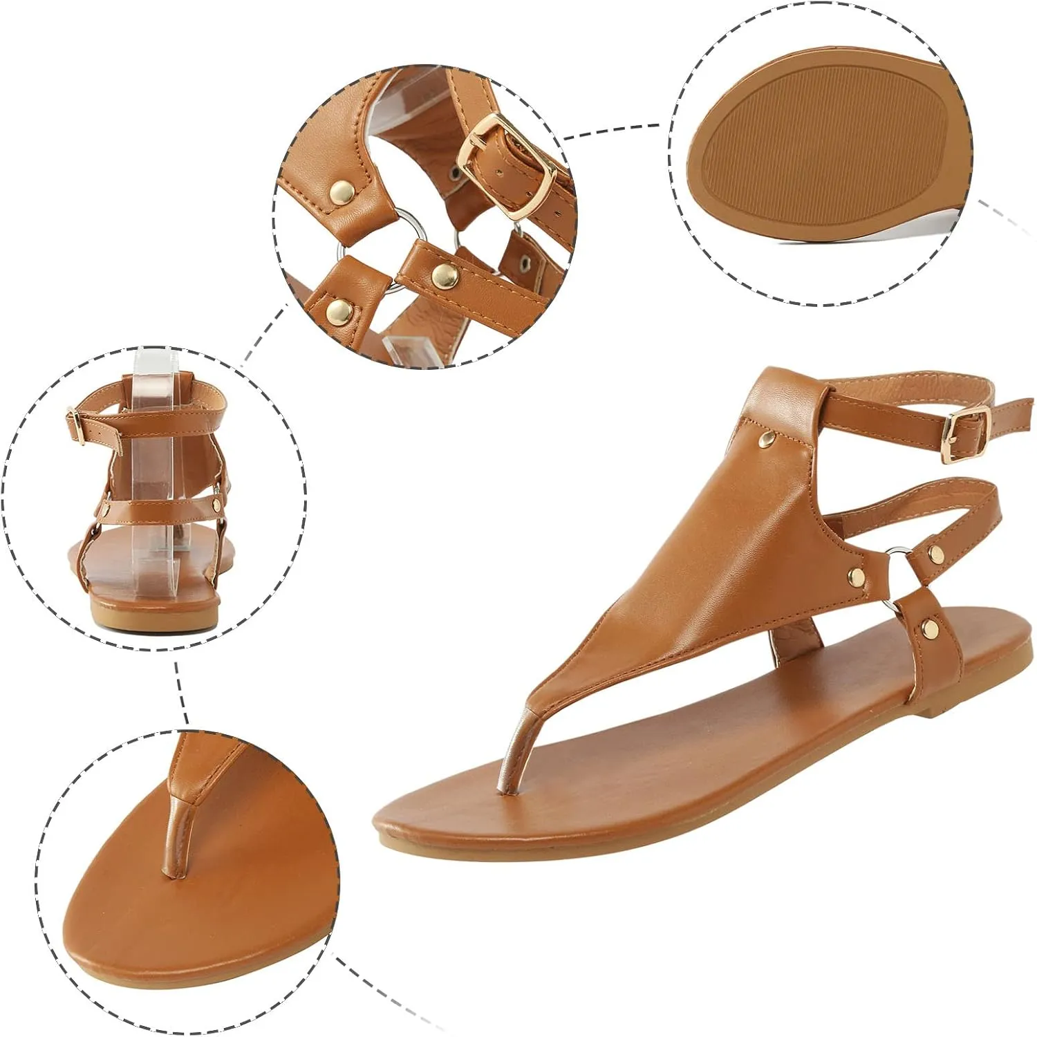 Women's Sandals Summer Casual T-Strap Faux Leather Flip Flops Buckle Ankle Strap Thong Gladiator Flat Sandals
