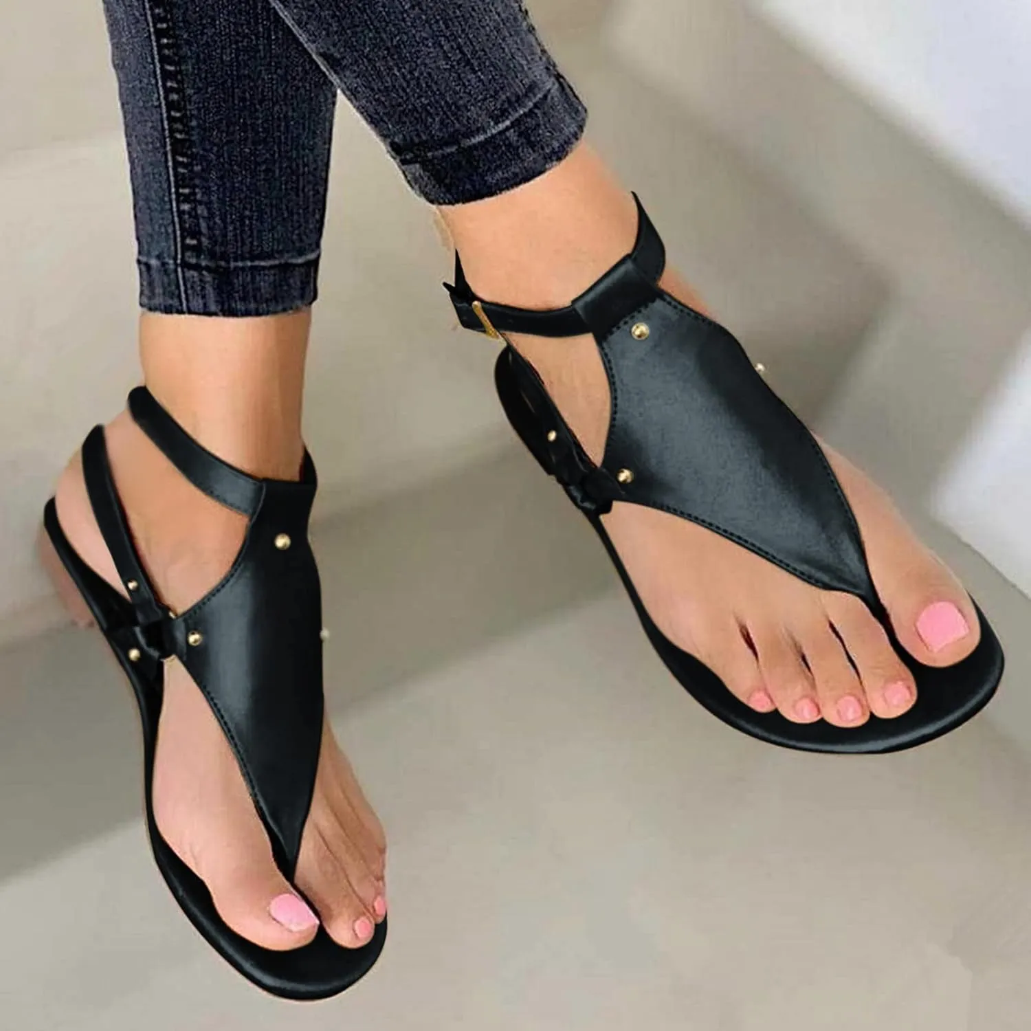 Women's Sandals Summer Casual T-Strap Faux Leather Flip Flops Buckle Ankle Strap Thong Gladiator Flat Sandals