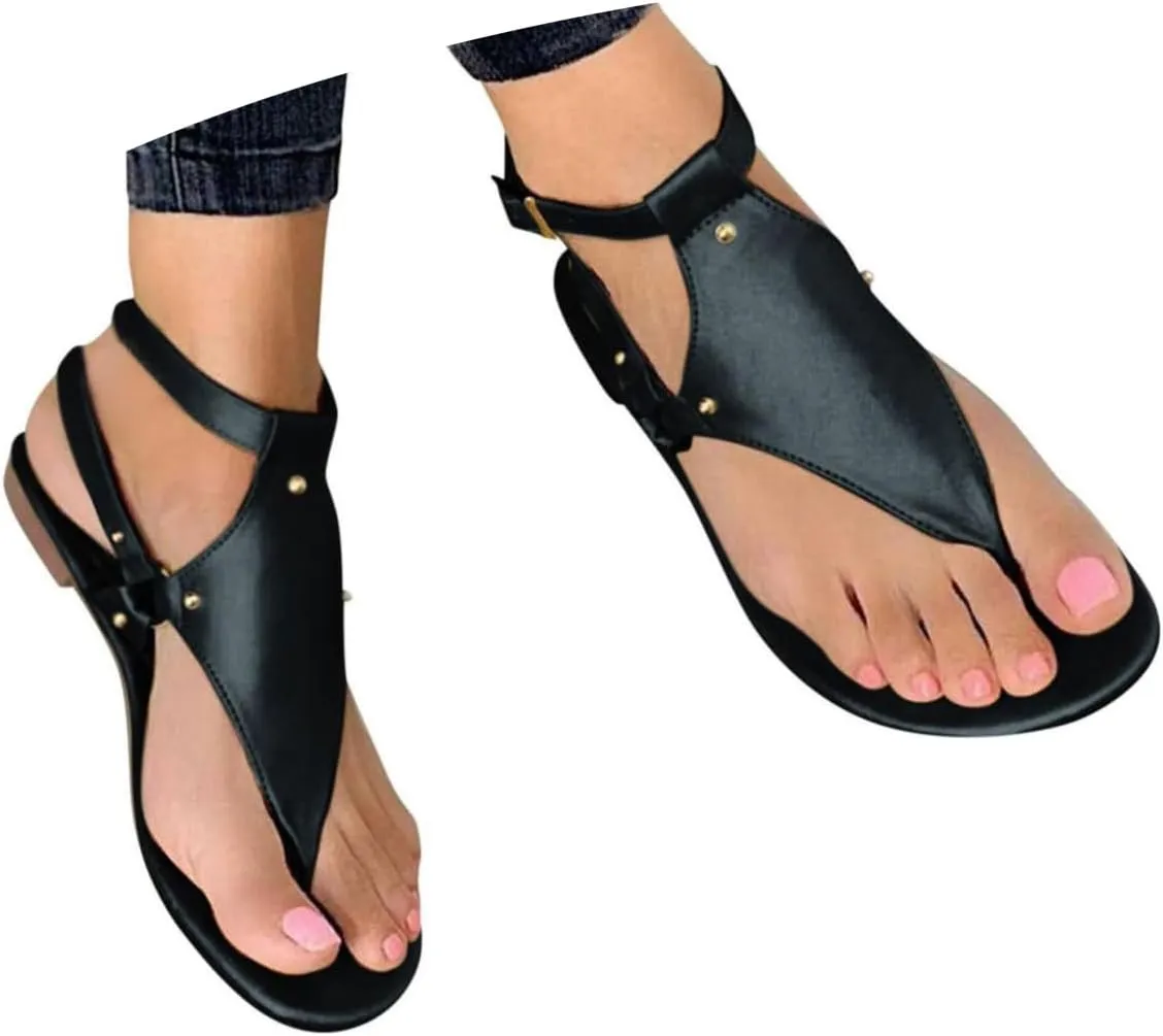 Women's Sandals Summer Casual T-Strap Faux Leather Flip Flops Buckle Ankle Strap Thong Gladiator Flat Sandals