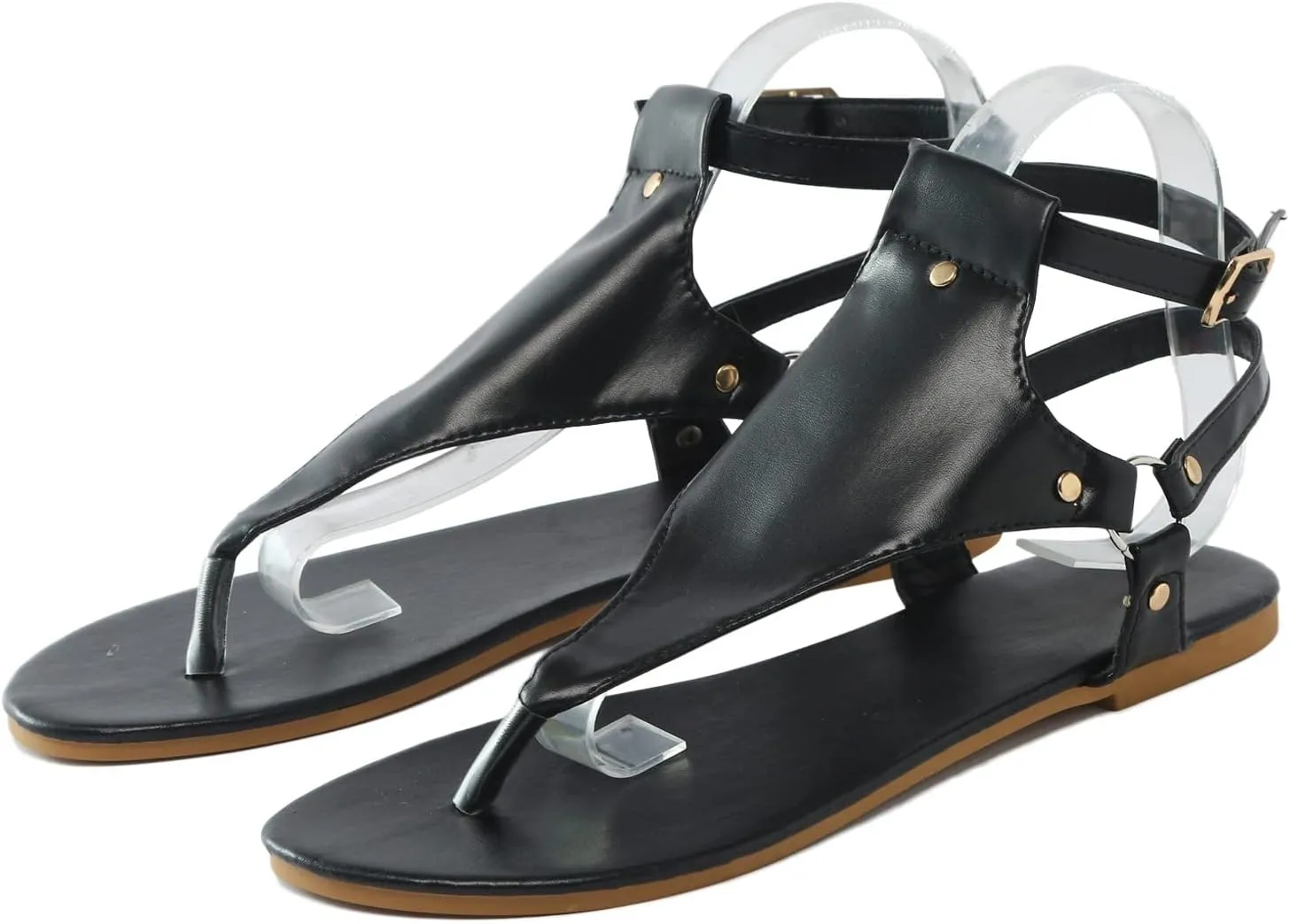Women's Sandals Summer Casual T-Strap Faux Leather Flip Flops Buckle Ankle Strap Thong Gladiator Flat Sandals