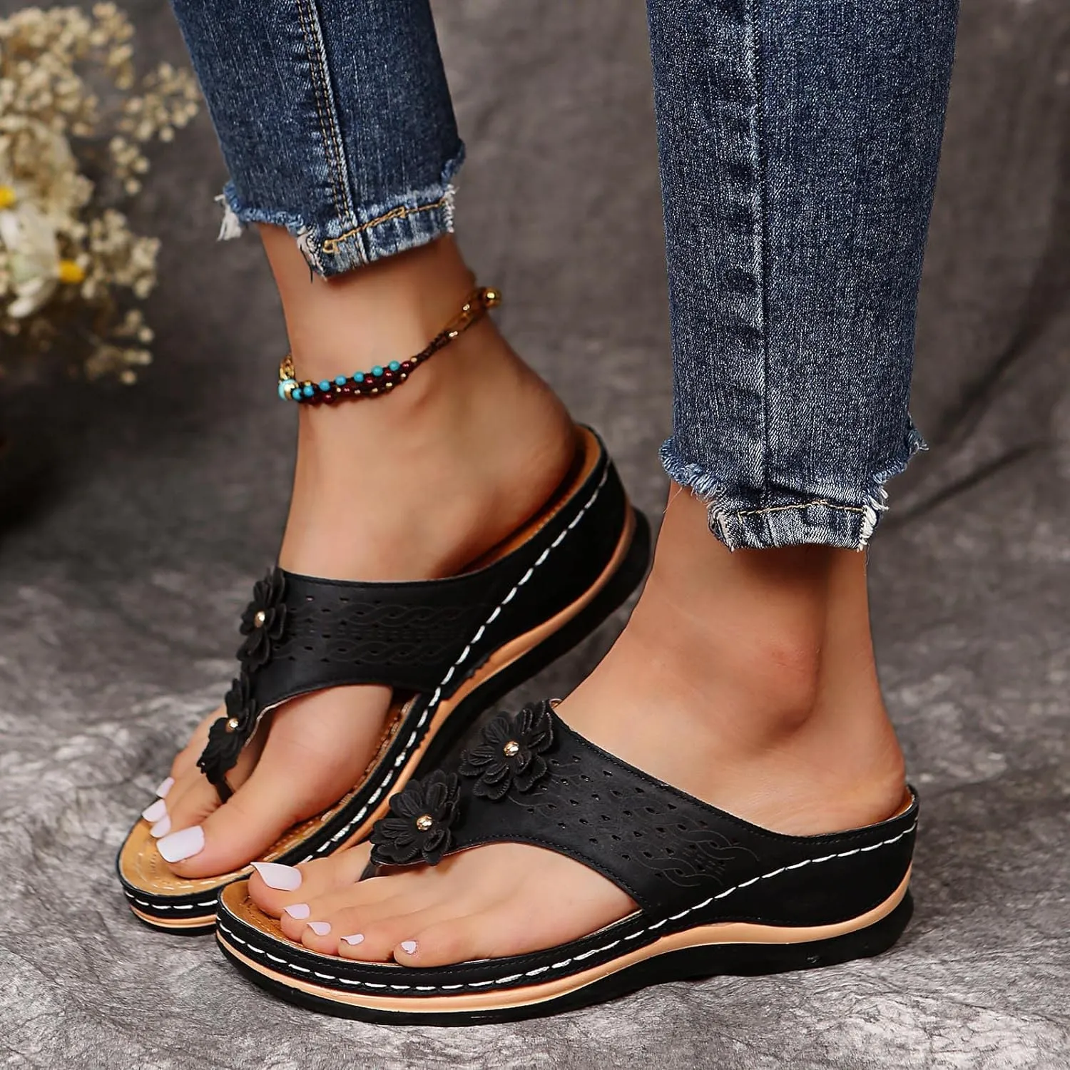 Women's Sandals Yoga Mat Walking Wedge Thong Sandals with Plantar Fasciitis Arch Support Orthopedic Sandals