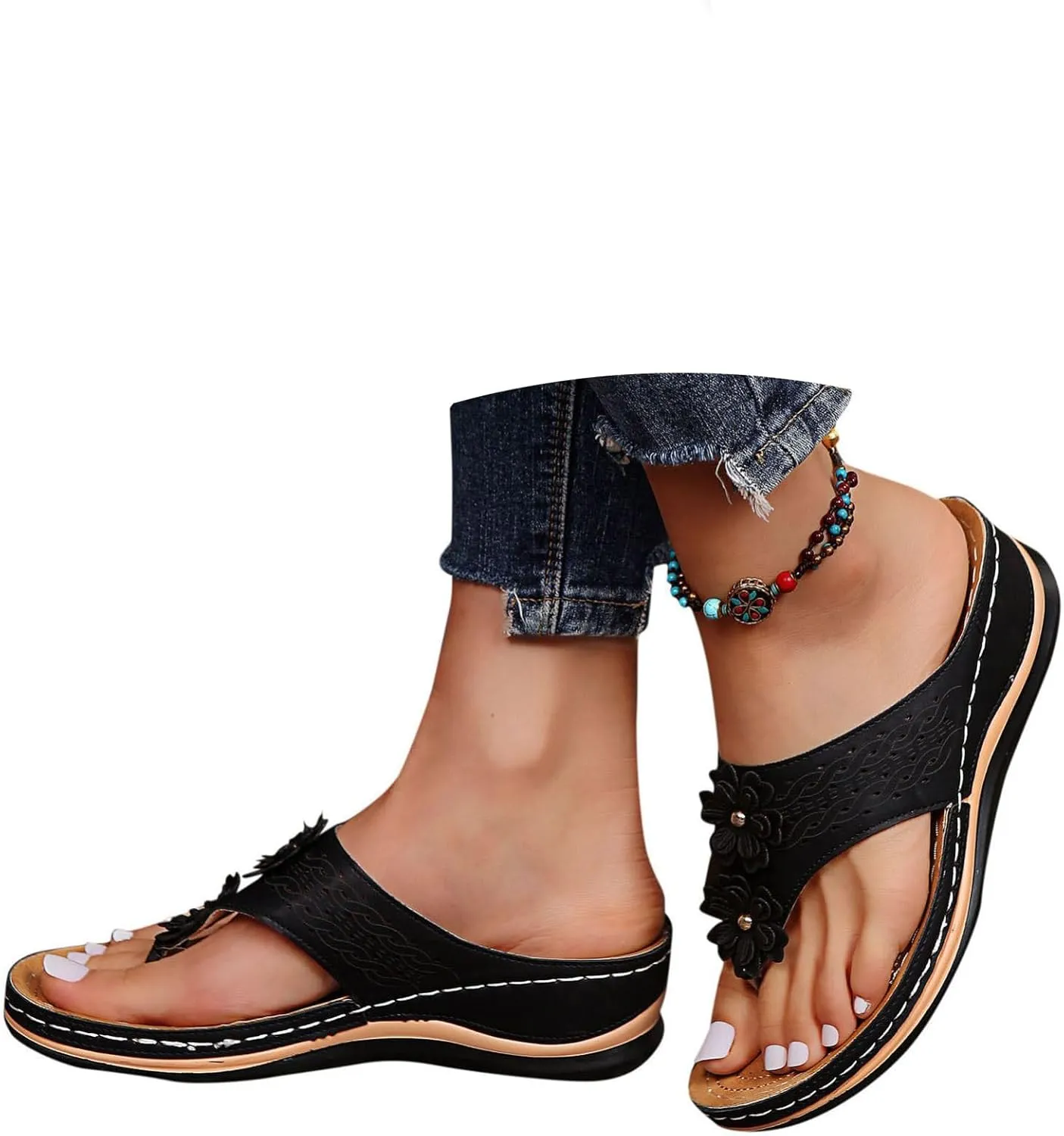 Women's Sandals Yoga Mat Walking Wedge Thong Sandals with Plantar Fasciitis Arch Support Orthopedic Sandals