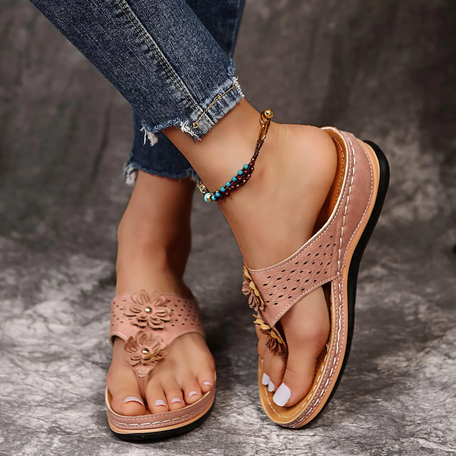 Women's Sandals Yoga Mat Walking Wedge Thong Sandals with Plantar Fasciitis Arch Support Orthopedic Sandals