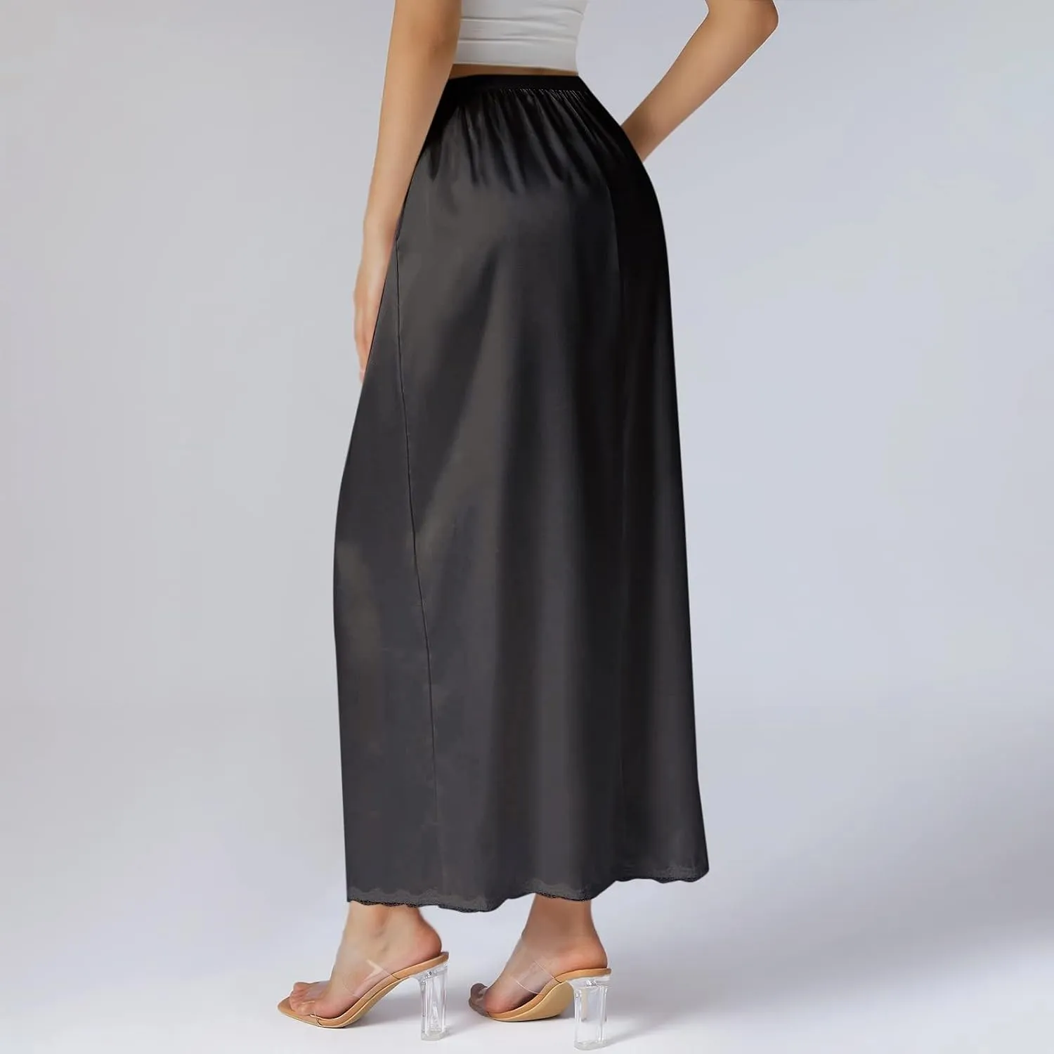 Women's Satin Half Slip Lace Long Underskirt Skirt Slip High Waisted Long Slips for Dresses Lingerie Long Skirt