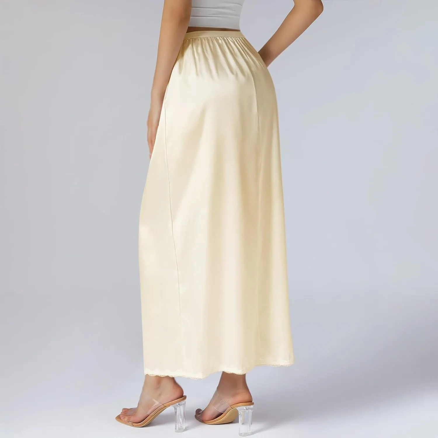 Women's Satin Half Slip Lace Long Underskirt Skirt Slip High Waisted Long Slips for Dresses Lingerie Long Skirt