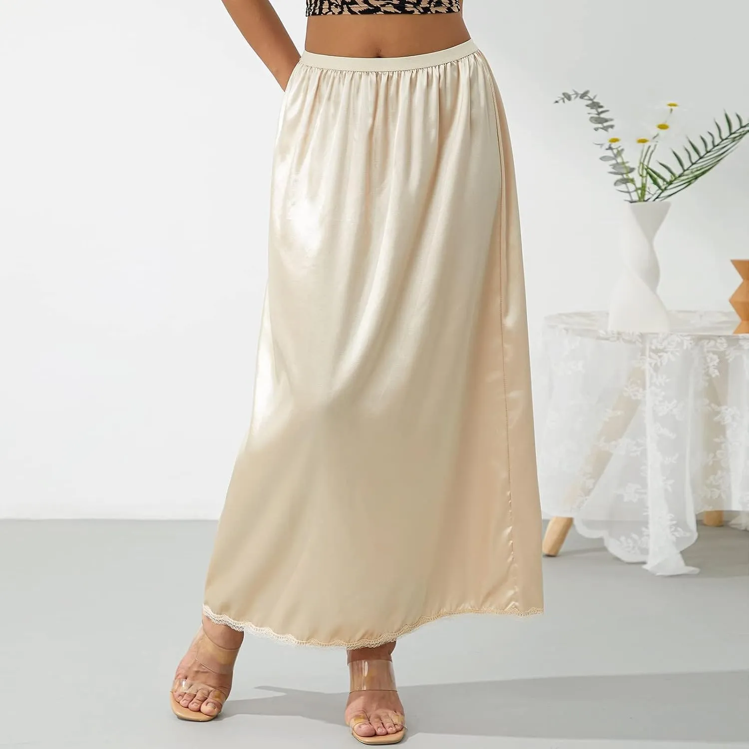 Women's Satin Half Slip Lace Long Underskirt Skirt Slip High Waisted Long Slips for Dresses Lingerie Long Skirt