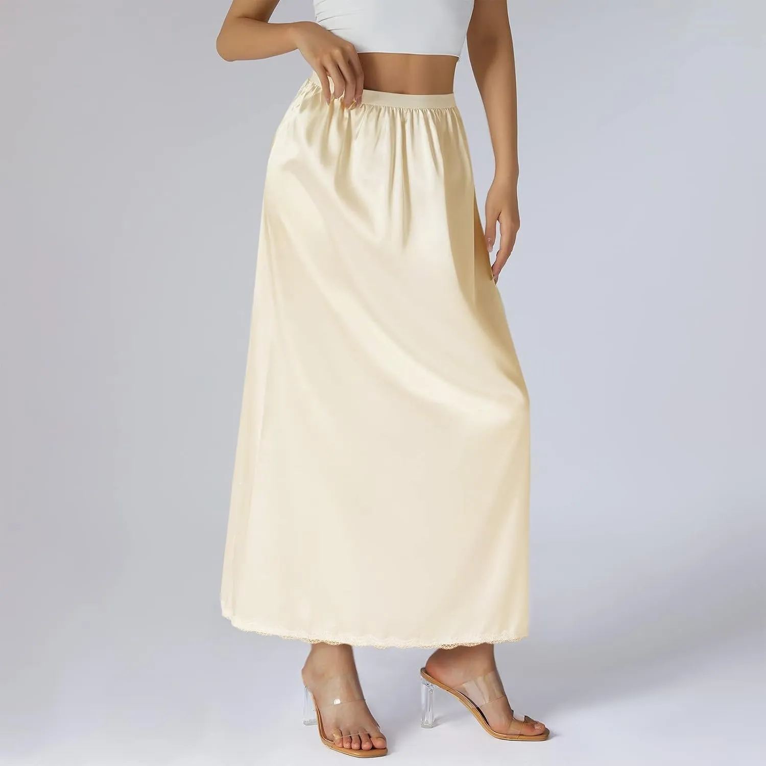Women's Satin Half Slip Lace Long Underskirt Skirt Slip High Waisted Long Slips for Dresses Lingerie Long Skirt